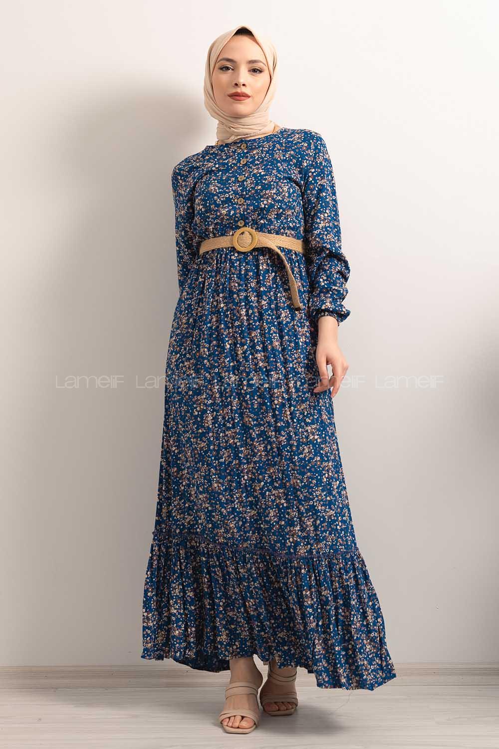 Modalamelif Hasır Kemerli Minimal Papatya Desen Elbise İndigo