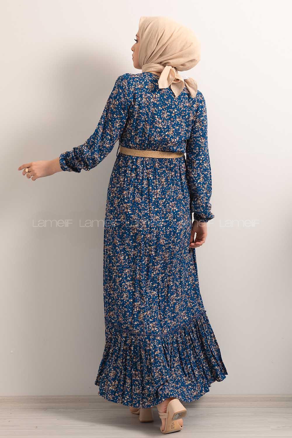 Modalamelif Hasır Kemerli Minimal Papatya Desen Elbise İndigo