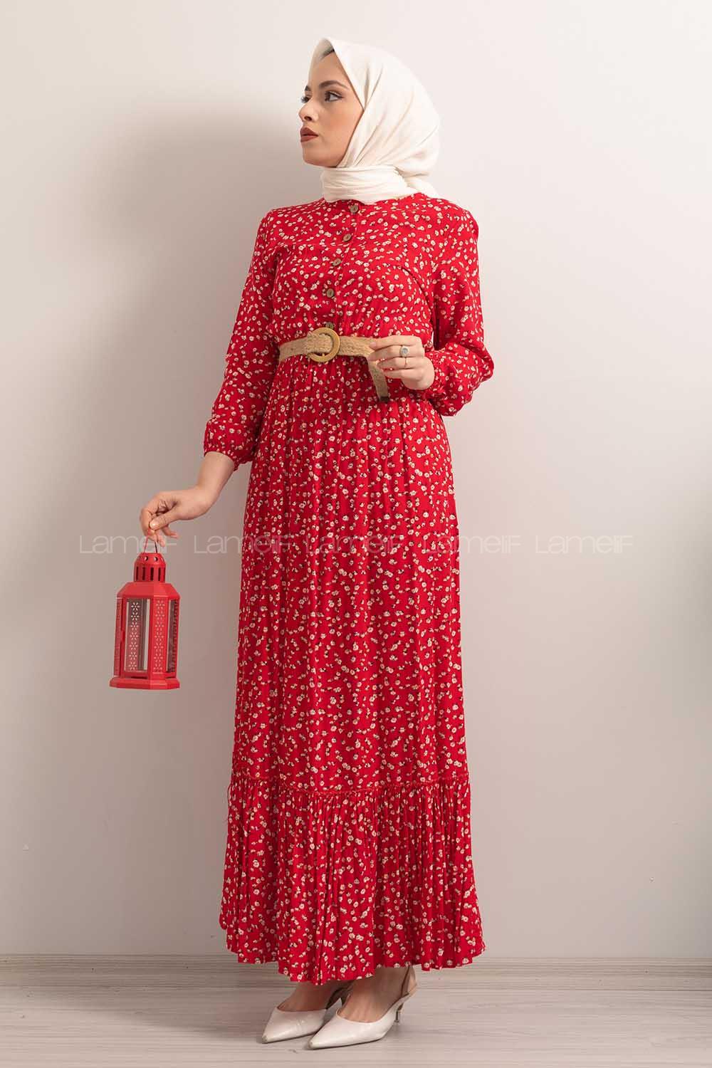Modalamelif Hasır Kemerli Minimal Papatya Desen Elbise Kırmızı