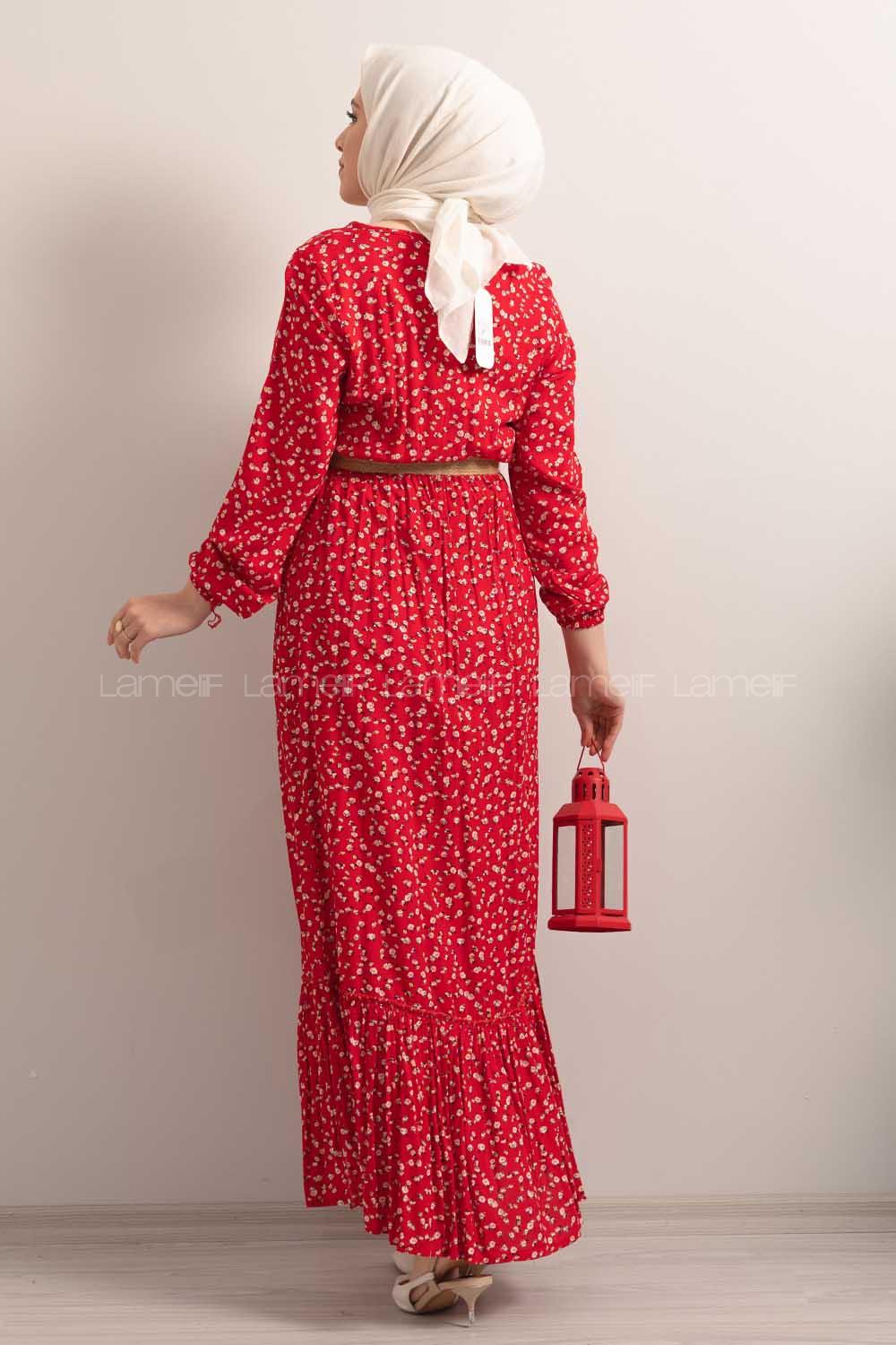 Modalamelif Hasır Kemerli Minimal Papatya Desen Elbise Kırmızı