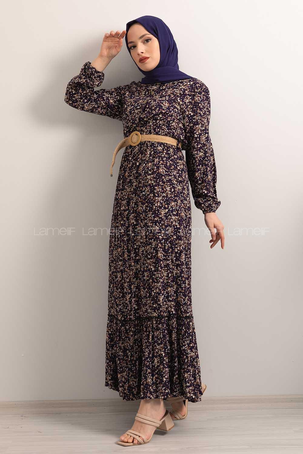 Modalamelif Hasır Kemerli Minimal Papatya Desen Elbise Lacivert