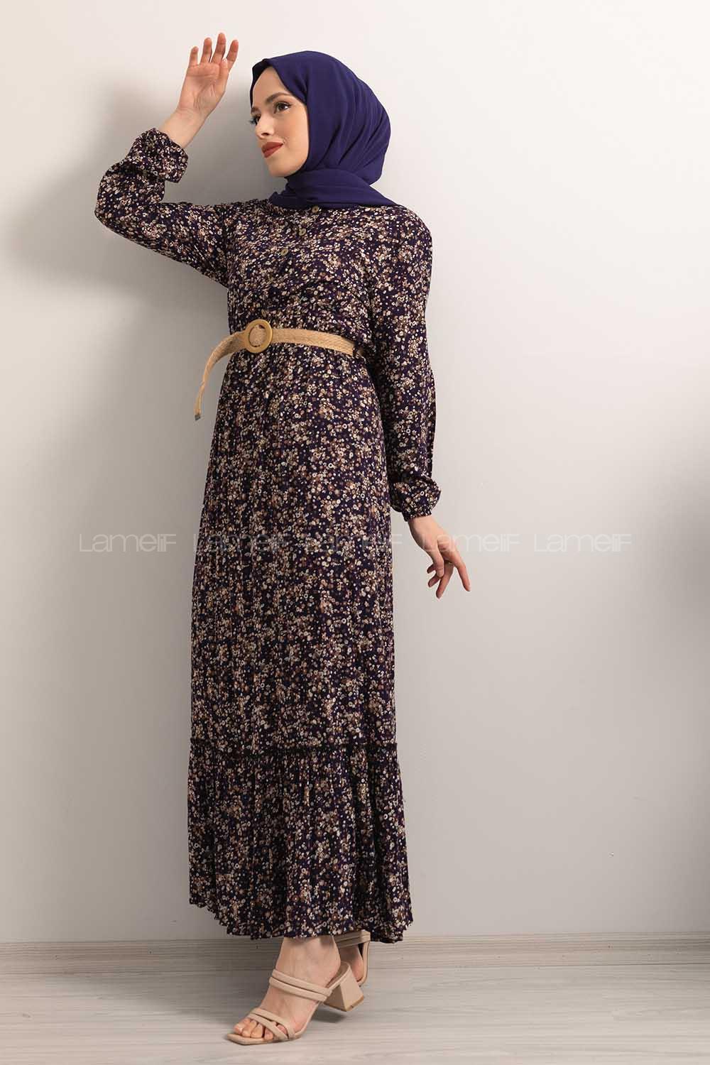 Modalamelif Hasır Kemerli Minimal Papatya Desen Elbise Lacivert