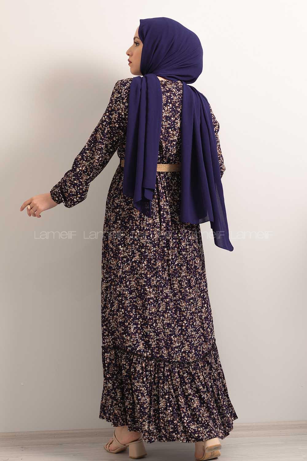 Modalamelif Hasır Kemerli Minimal Papatya Desen Elbise Lacivert