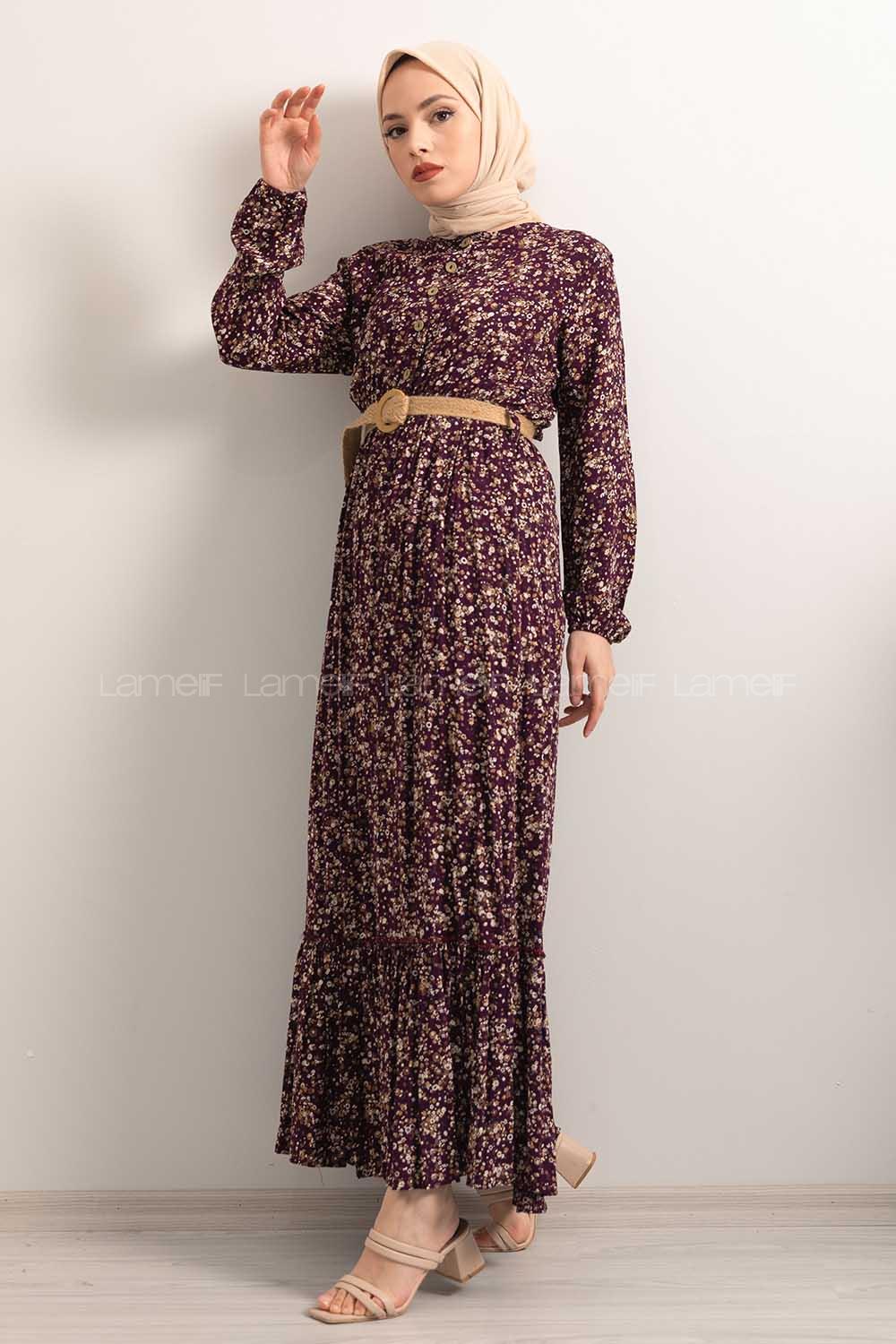 Modalamelif Hasır Kemerli Minimal Papatya Desen Elbise Mor