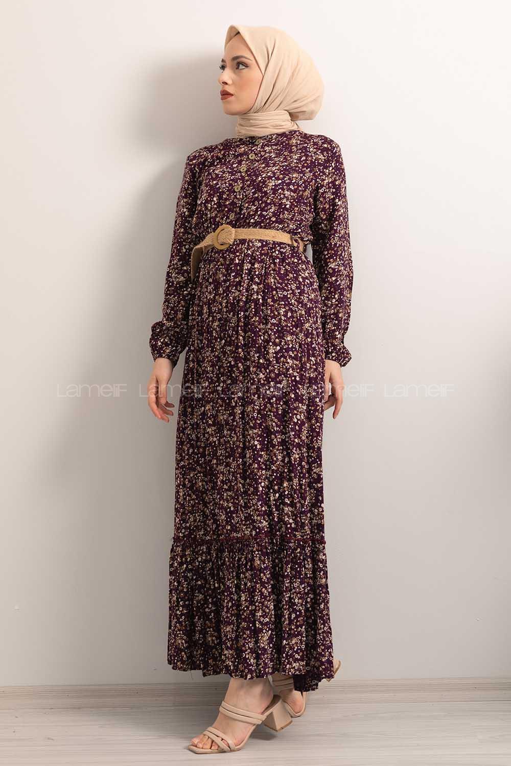 Modalamelif Hasır Kemerli Minimal Papatya Desen Elbise Mor