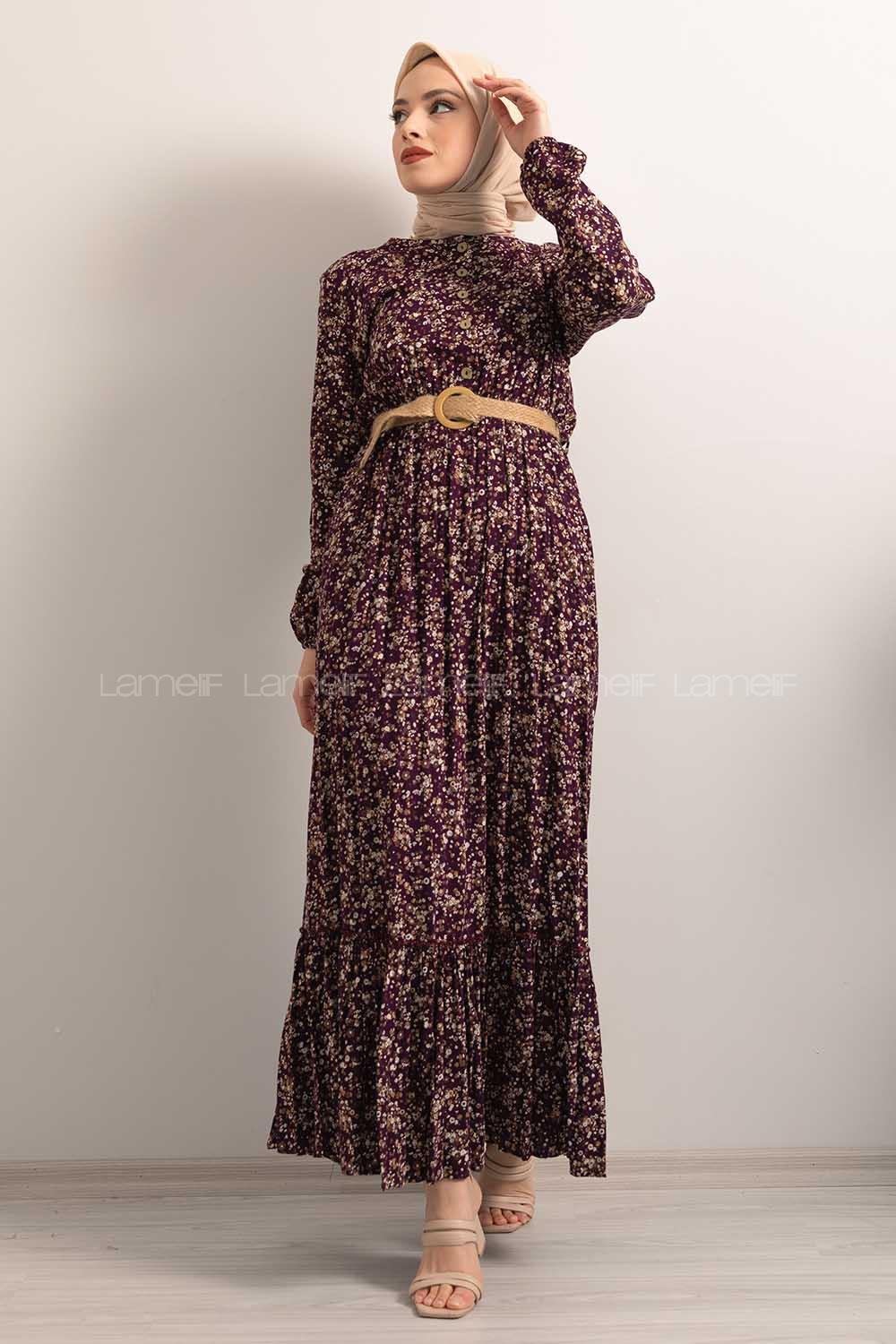 Modalamelif Hasır Kemerli Minimal Papatya Desen Elbise Mor