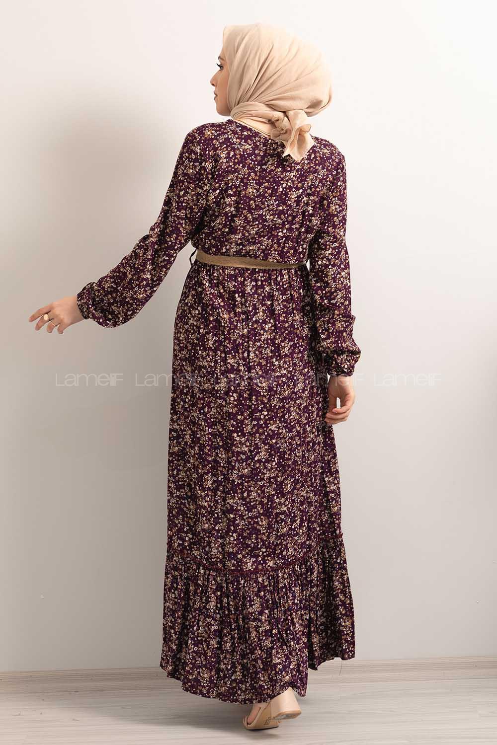 Modalamelif Hasır Kemerli Minimal Papatya Desen Elbise Mor