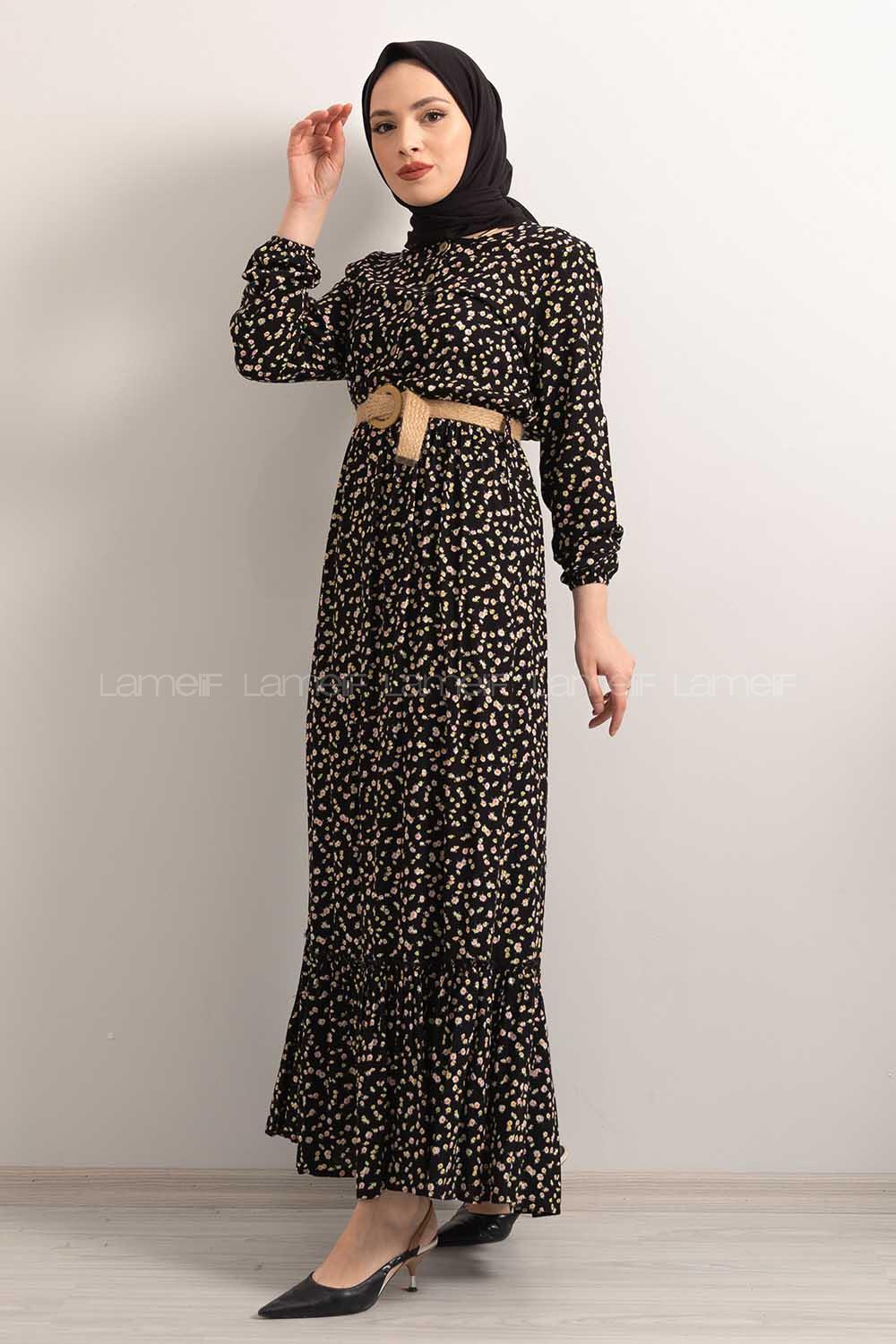 Modalamelif Hasır Kemerli Minimal Papatya Desen Elbise Siyah