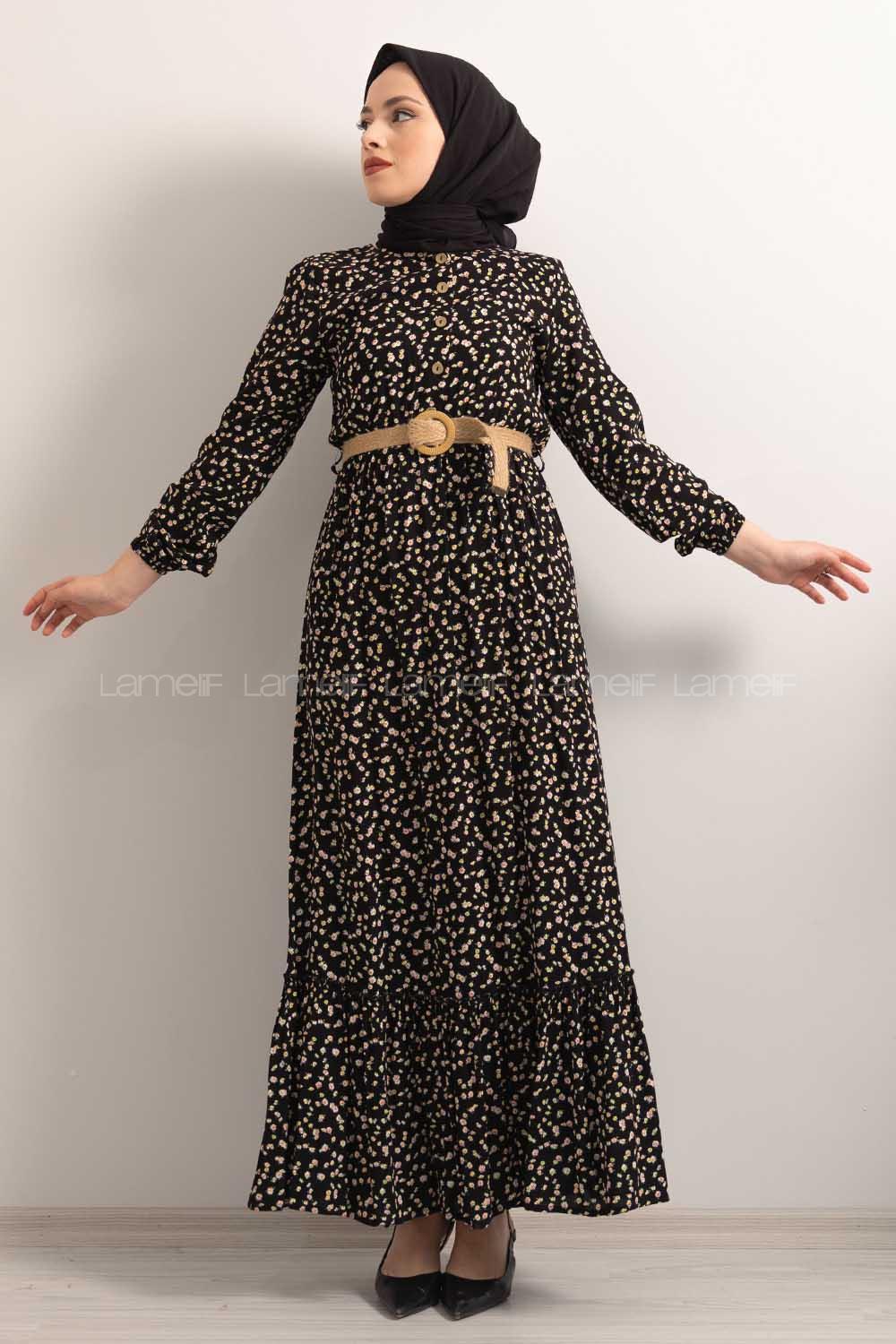 Modalamelif Hasır Kemerli Minimal Papatya Desen Elbise Siyah