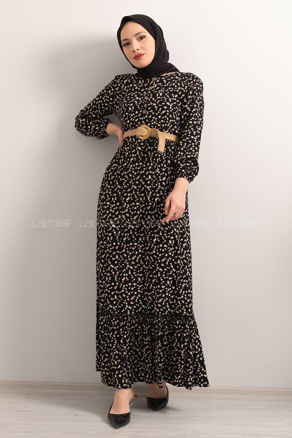 Modalamelif Hasır Kemerli Minimal Papatya Desen Elbise Siyah