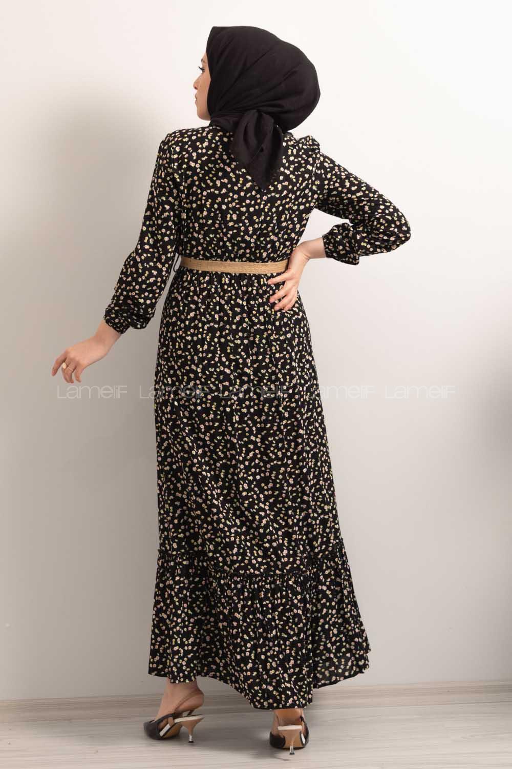 Modalamelif Hasır Kemerli Minimal Papatya Desen Elbise Siyah