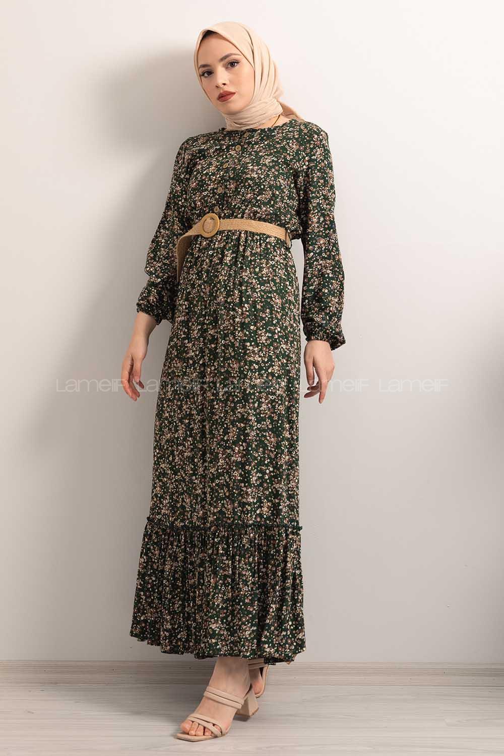 Modalamelif Hasır Kemerli Minimal Papatya Desen Elbise Zümrüt Yeşili