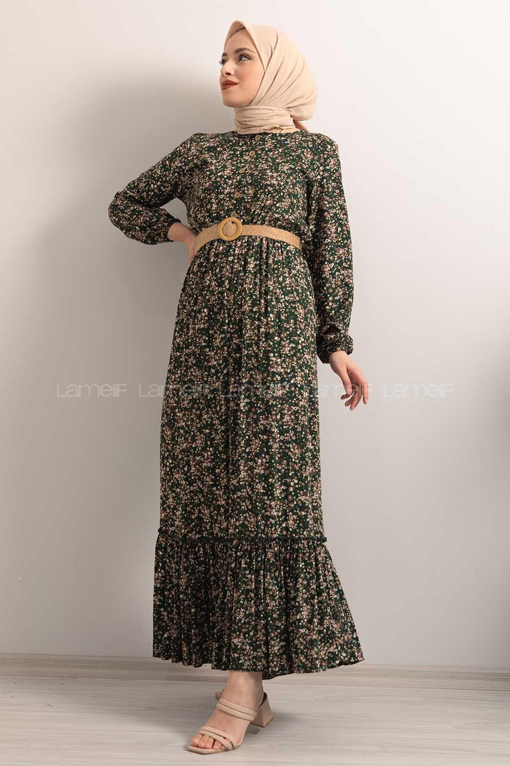 Modalamelif Hasır Kemerli Minimal Papatya Desen Elbise Zümrüt Yeşili