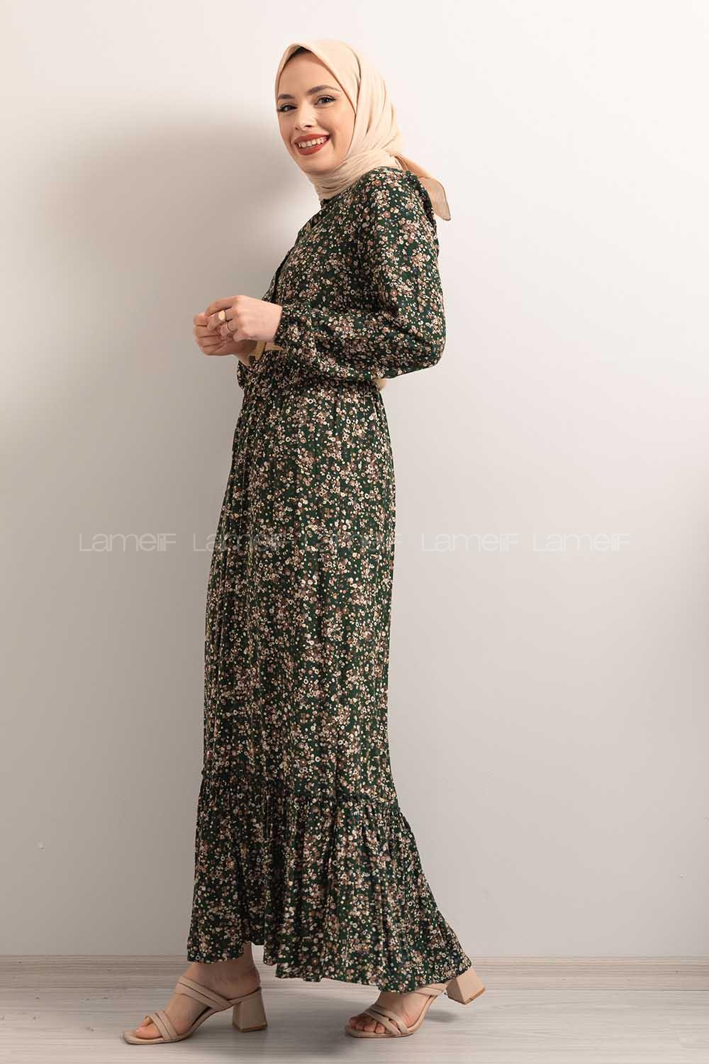 Modalamelif Hasır Kemerli Minimal Papatya Desen Elbise Zümrüt Yeşili