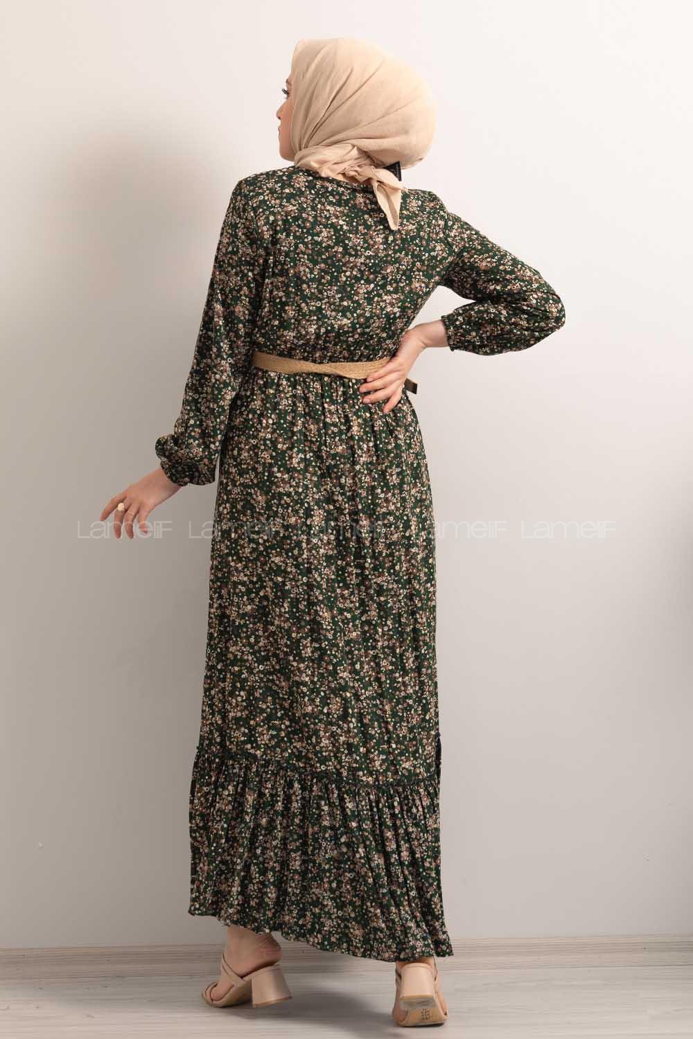 Modalamelif Hasır Kemerli Minimal Papatya Desen Elbise Zümrüt Yeşili