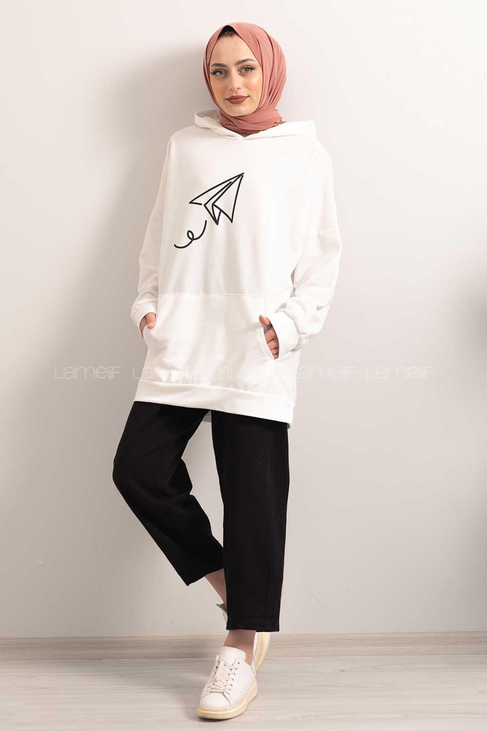 Modalamelif Kapşonlu Fly Baskılı Sweatshirt Beyaz