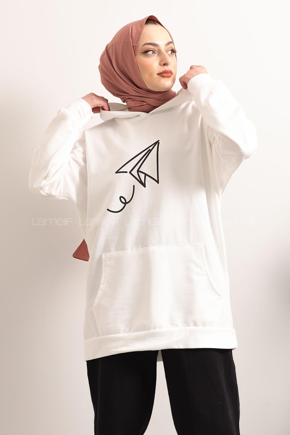 Modalamelif Kapşonlu Fly Baskılı Sweatshirt Beyaz