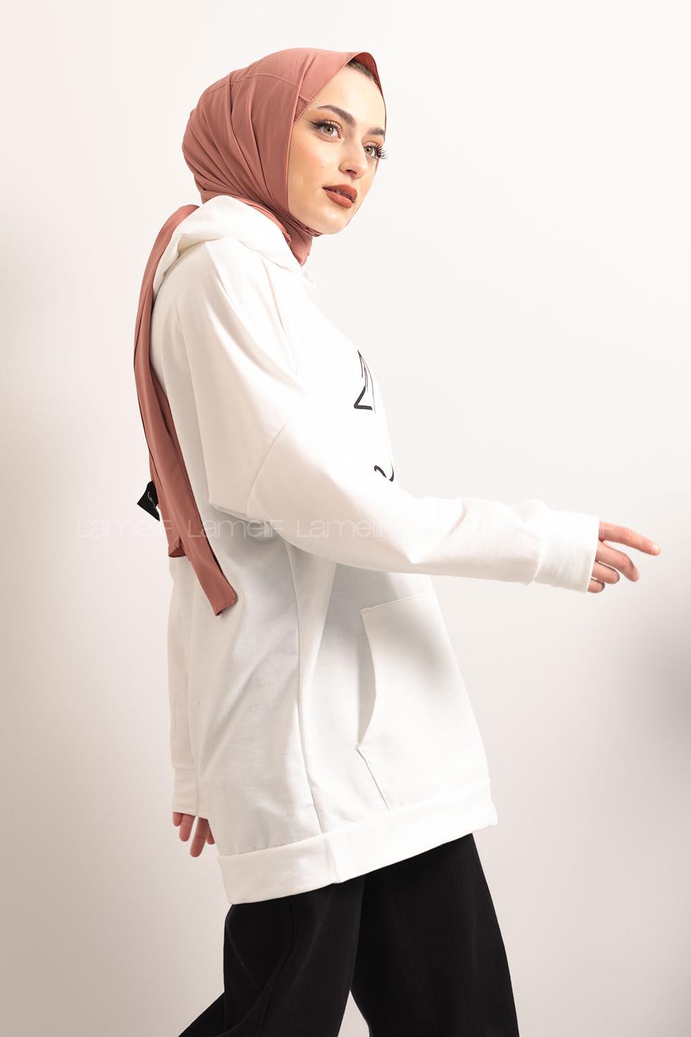 Modalamelif Kapşonlu Fly Baskılı Sweatshirt Beyaz