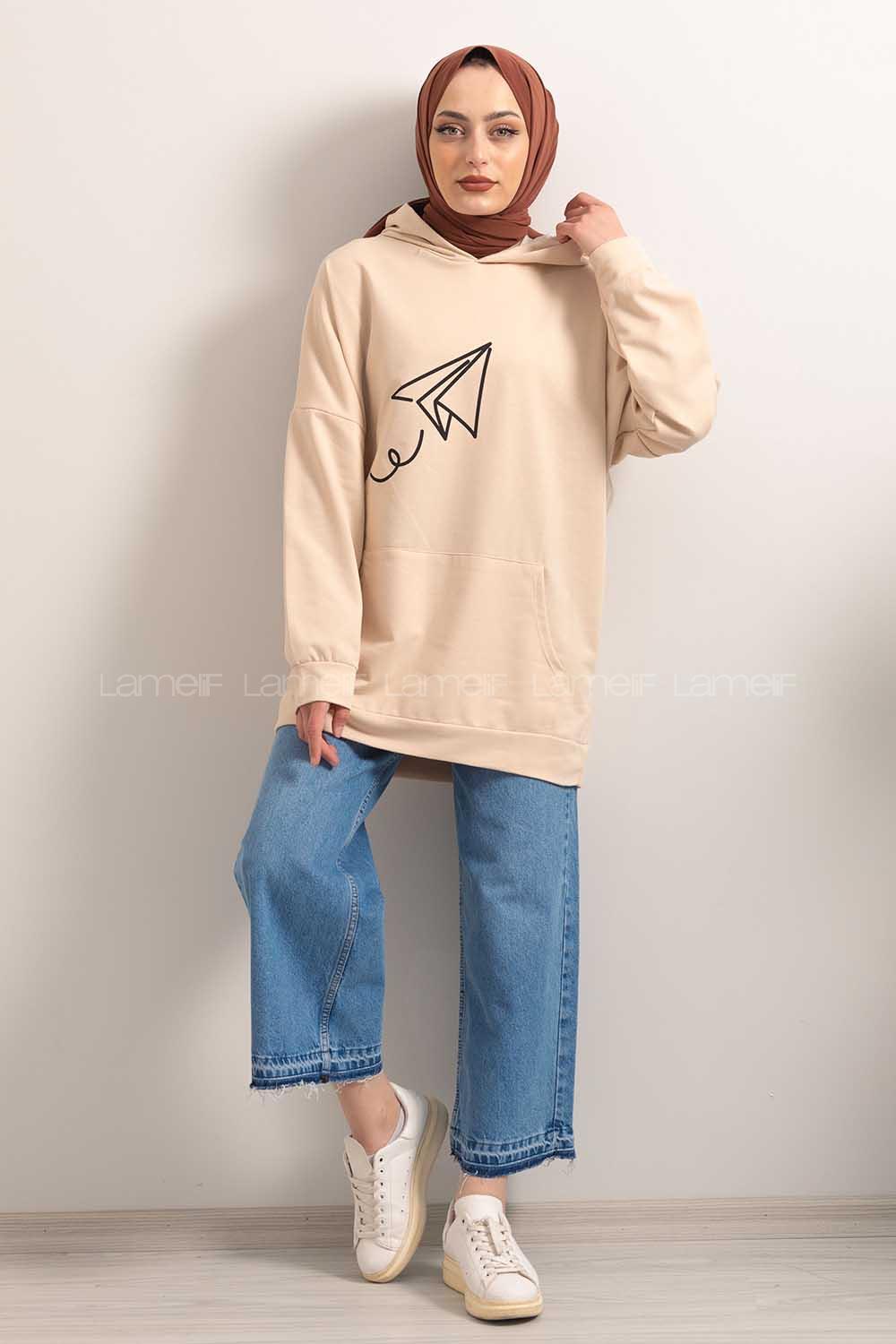 Modalamelif Kapşonlu Fly Baskılı Sweatshirt Krem