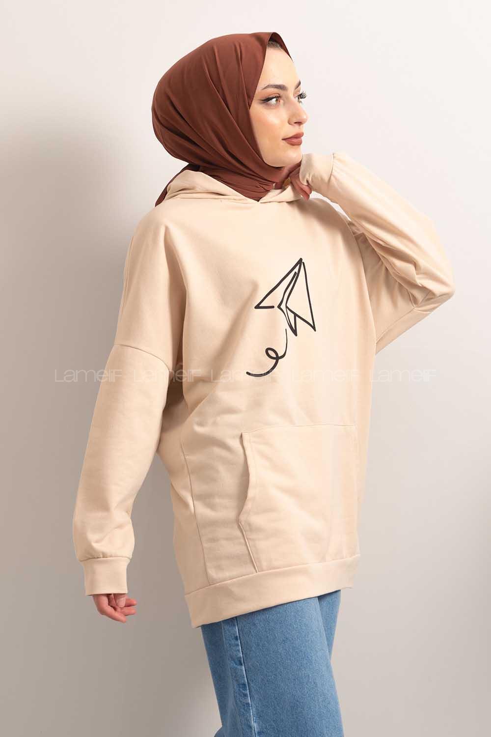 Modalamelif Kapşonlu Fly Baskılı Sweatshirt Krem