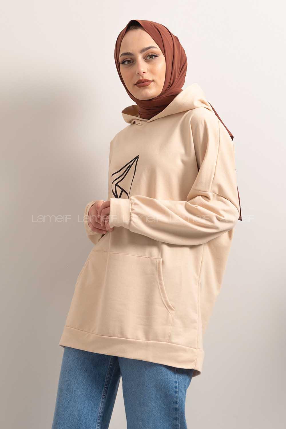 Modalamelif Kapşonlu Fly Baskılı Sweatshirt Krem