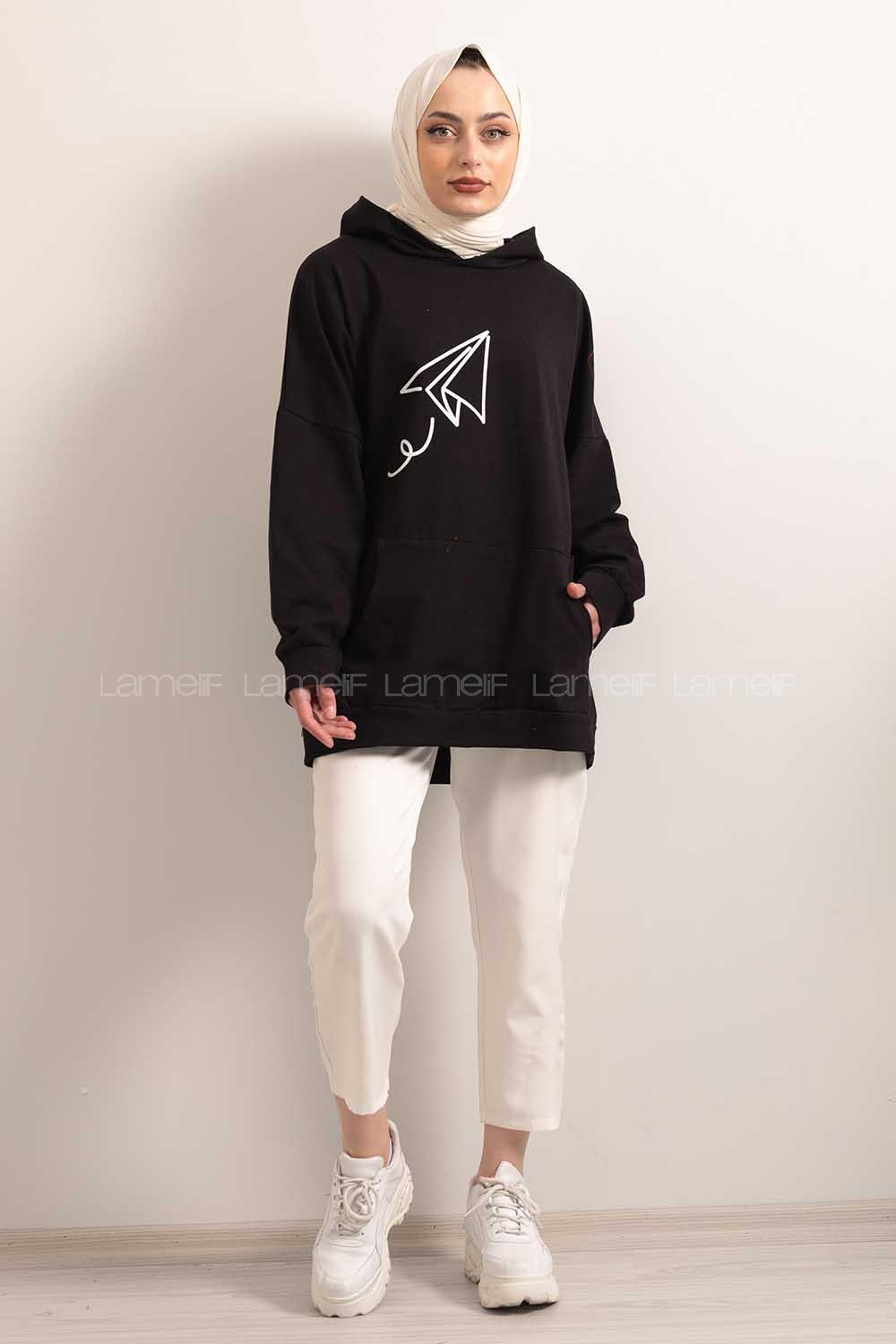 Modalamelif Kapşonlu Fly Baskılı Sweatshirt Siyah