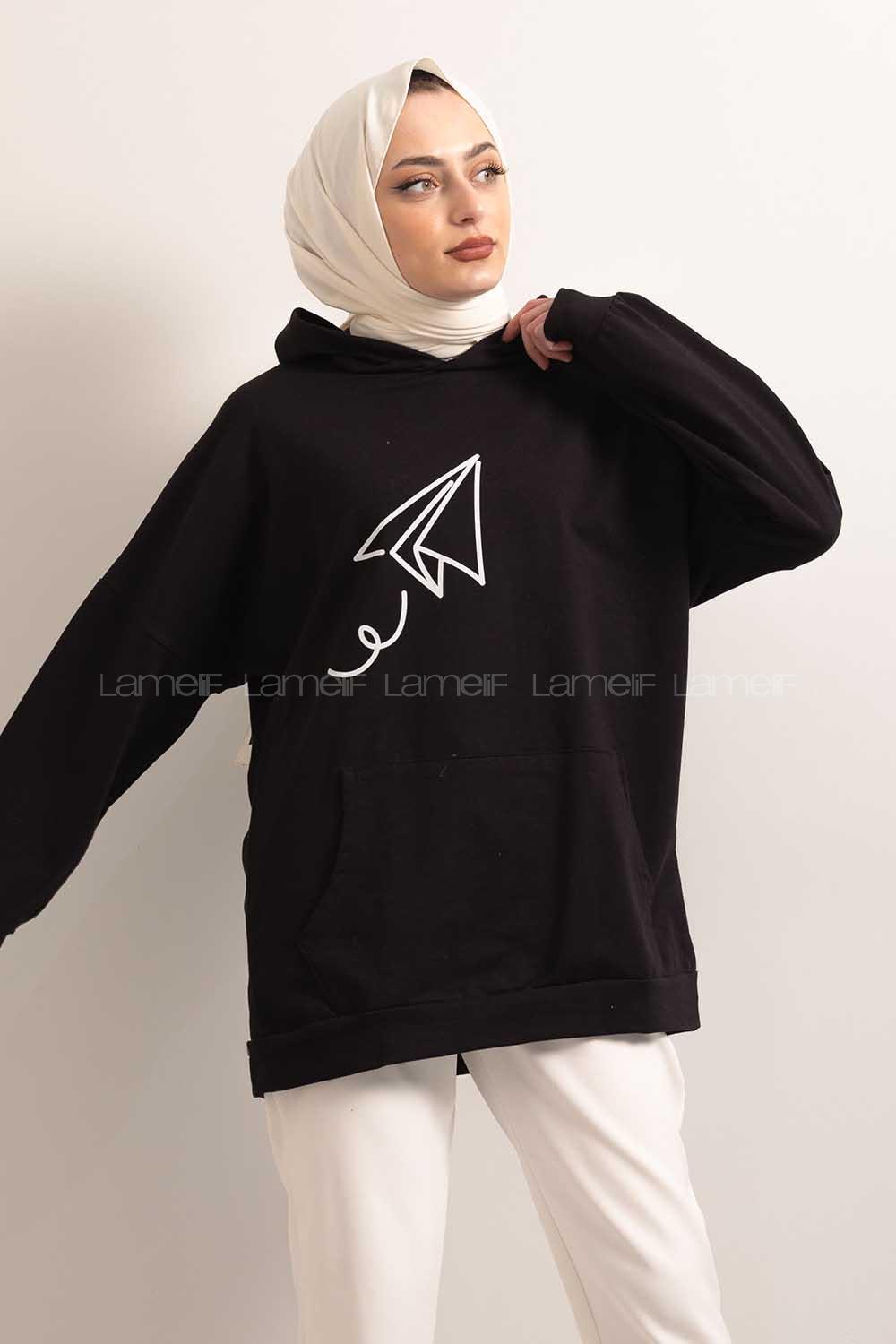Modalamelif Kapşonlu Fly Baskılı Sweatshirt Siyah
