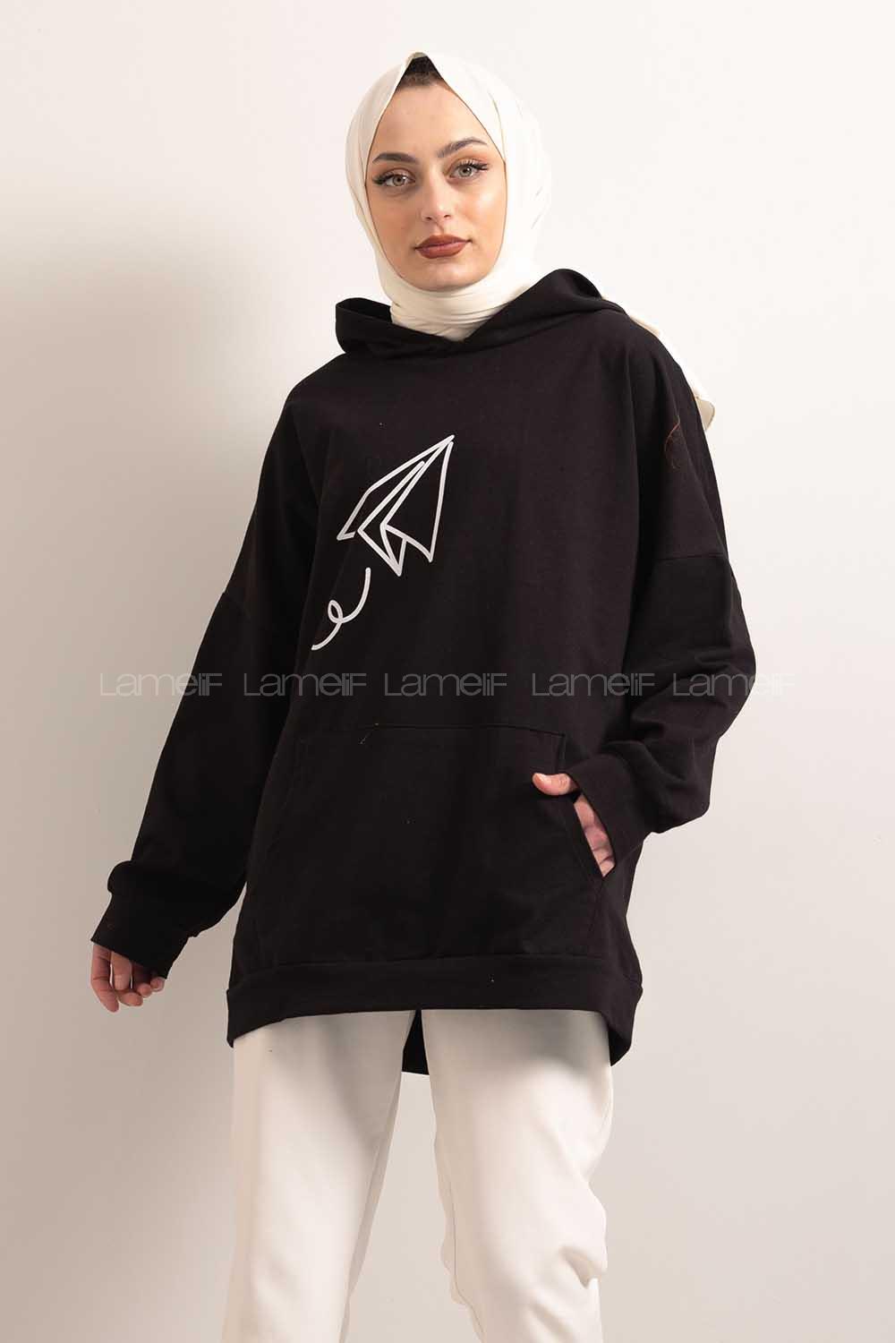 Modalamelif Kapşonlu Fly Baskılı Sweatshirt Siyah