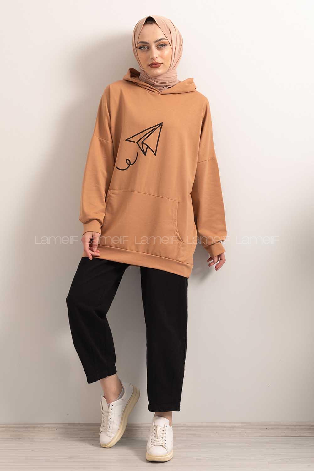 Modalamelif Kapşonlu Fly Baskılı Sweatshirt Soft Kahve