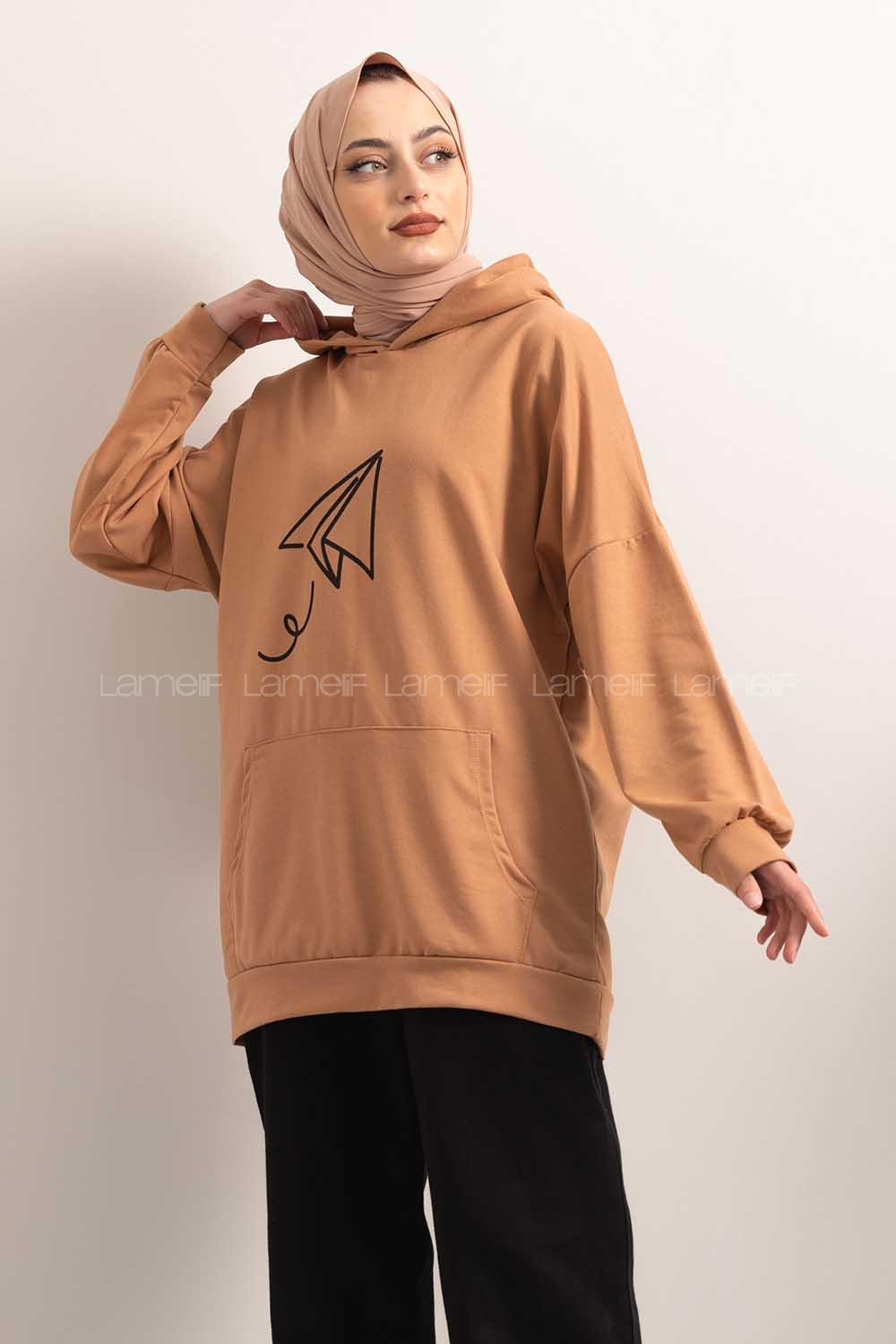Modalamelif Kapşonlu Fly Baskılı Sweatshirt Soft Kahve