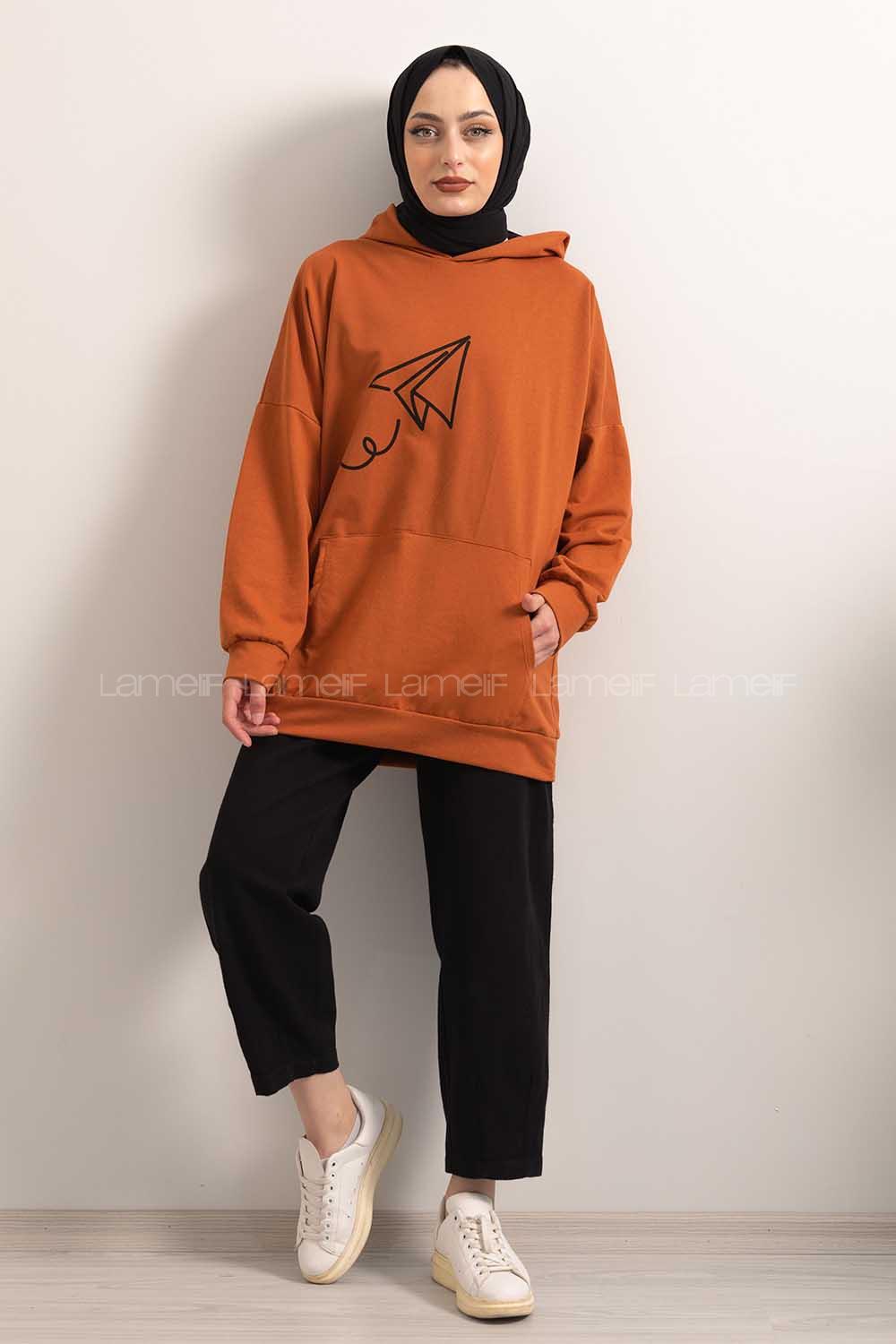 Modalamelif Kapşonlu Fly Baskılı Sweatshirt Taba