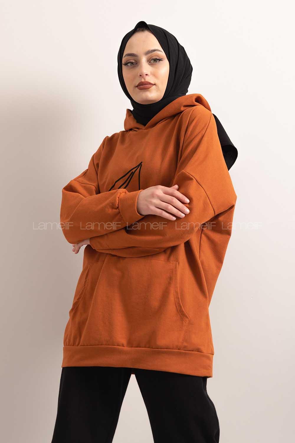 Modalamelif Kapşonlu Fly Baskılı Sweatshirt Taba