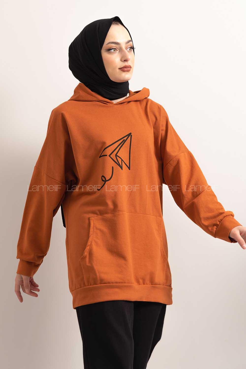 Modalamelif Kapşonlu Fly Baskılı Sweatshirt Taba