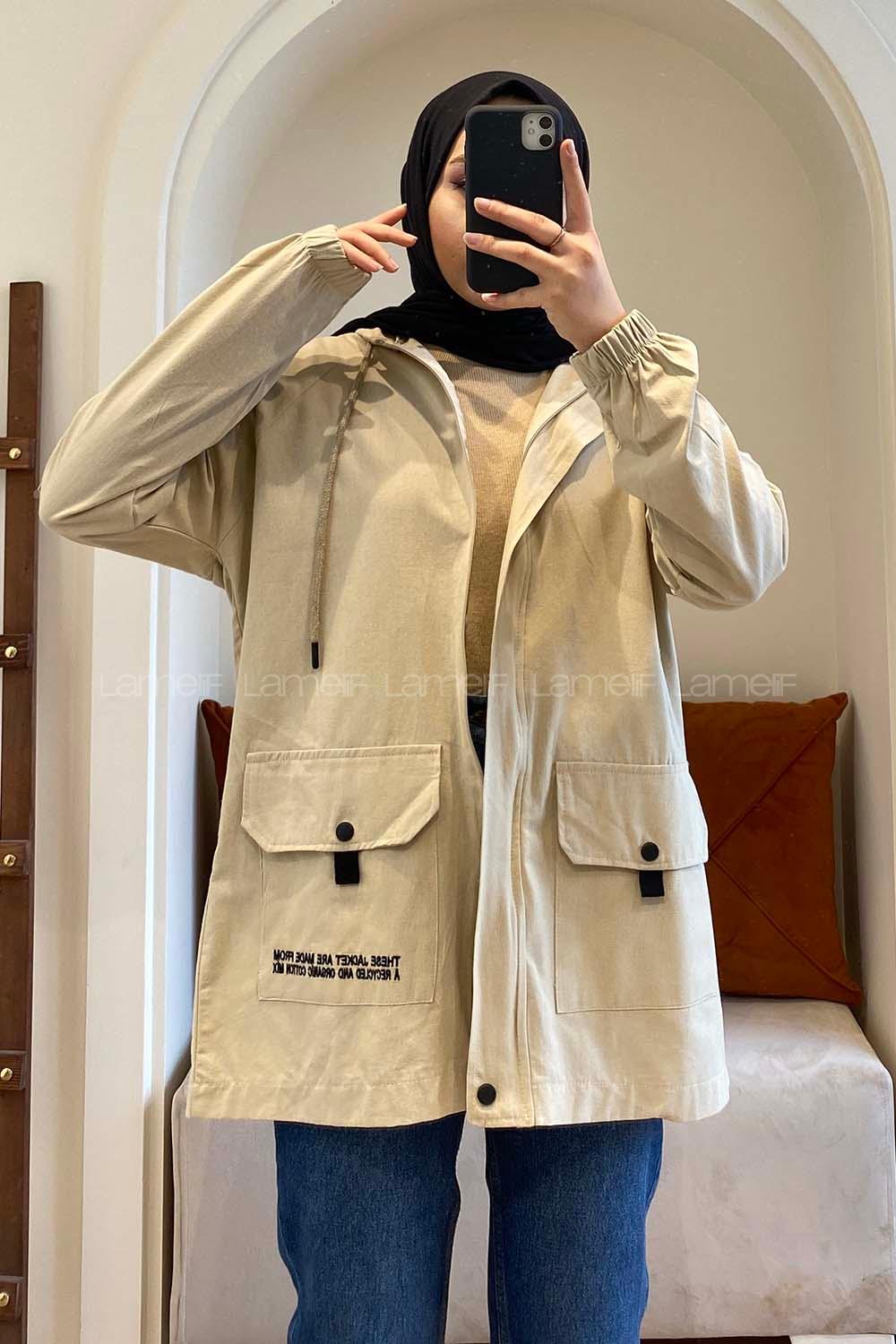 Modalamelif Kapşonlu Gabardin Ceket Taş Rengi