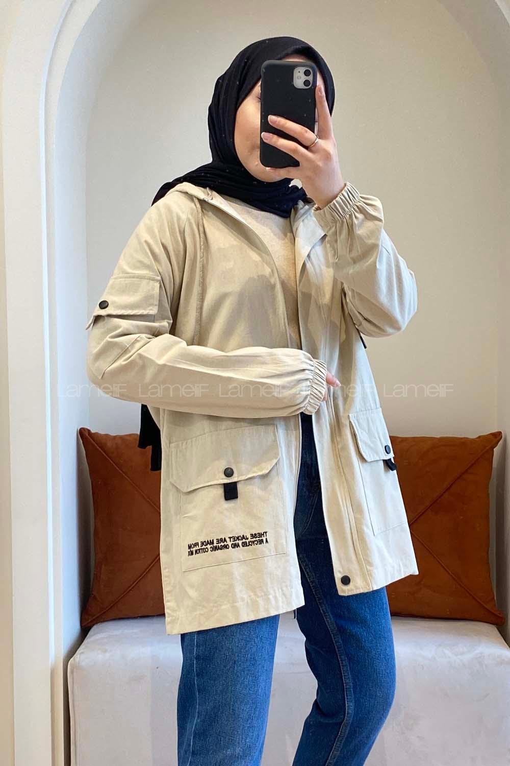 Modalamelif Kapşonlu Gabardin Ceket Taş Rengi