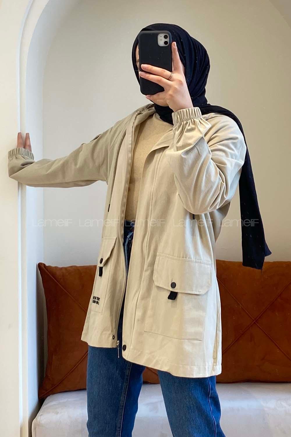 Modalamelif Kapşonlu Gabardin Ceket Taş Rengi