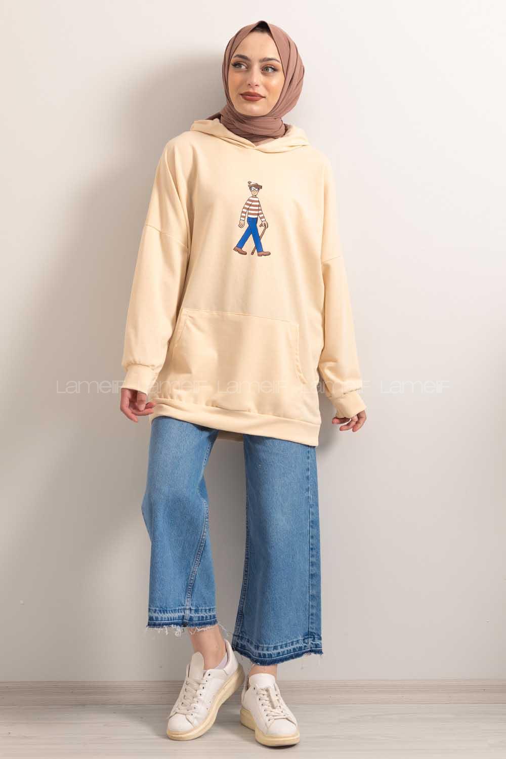 Modalamelif Kapşonlu Karikatür Baskılı Sweatshirt Bej