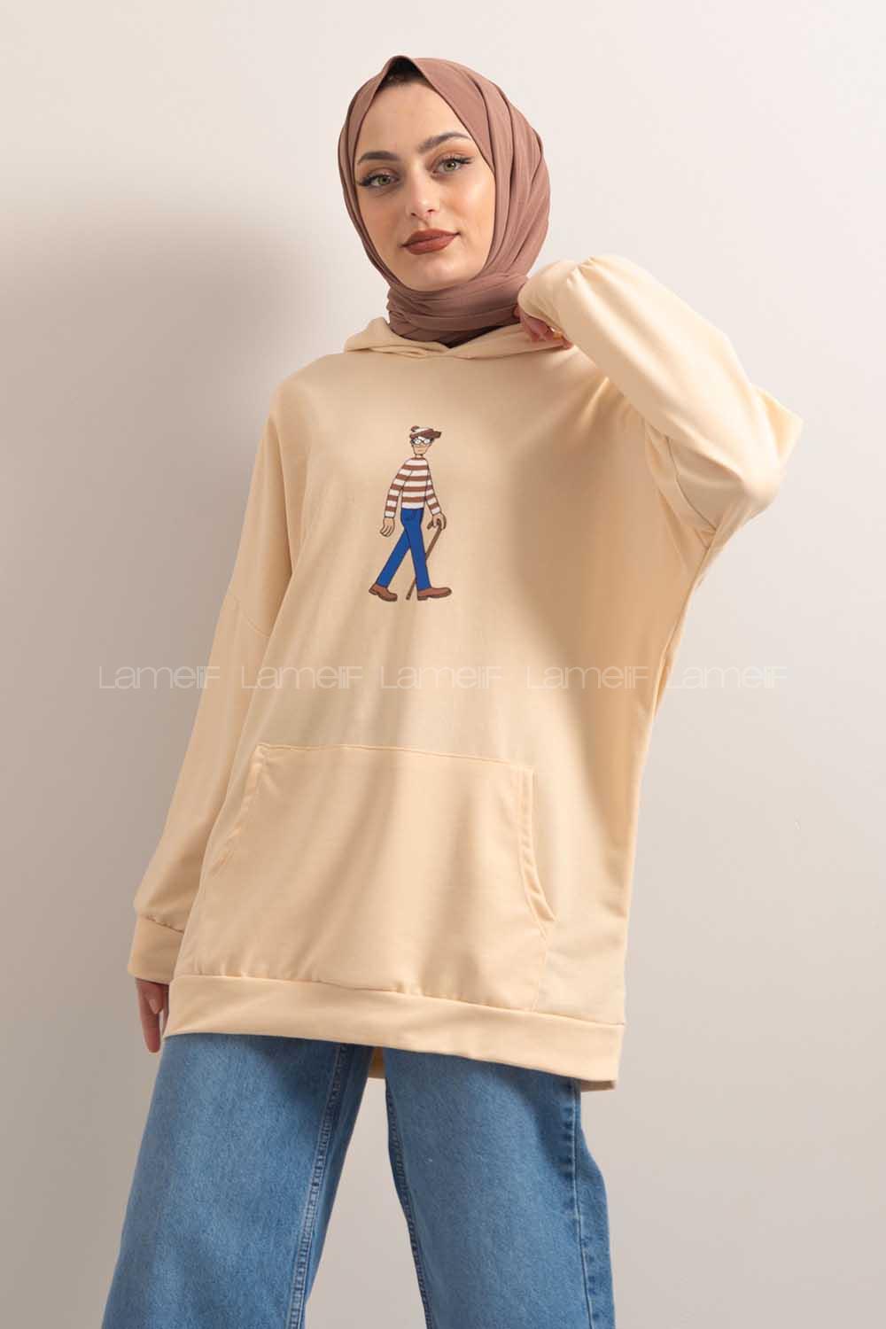 Modalamelif Kapşonlu Karikatür Baskılı Sweatshirt Bej