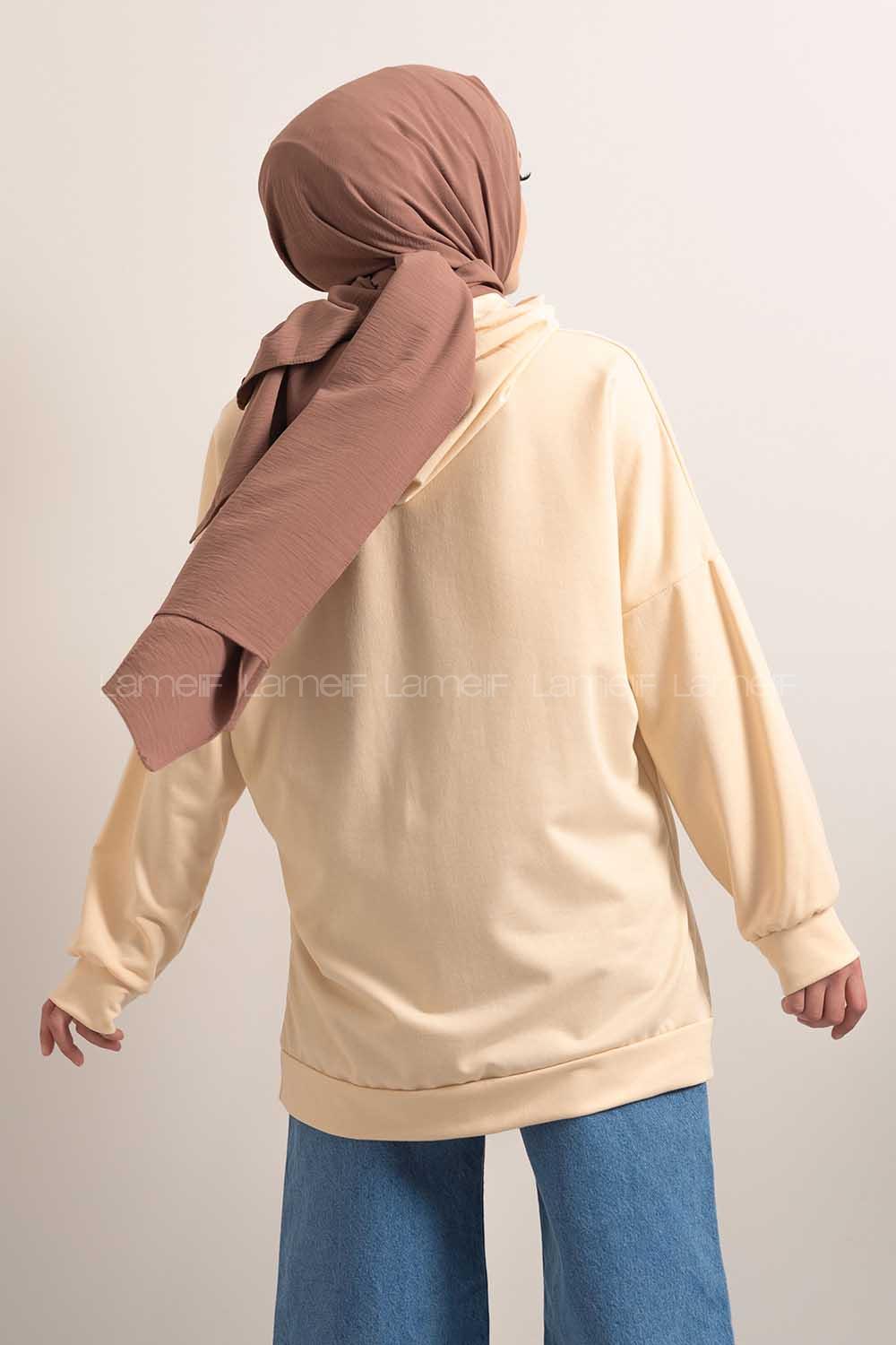 Modalamelif Kapşonlu Karikatür Baskılı Sweatshirt Bej