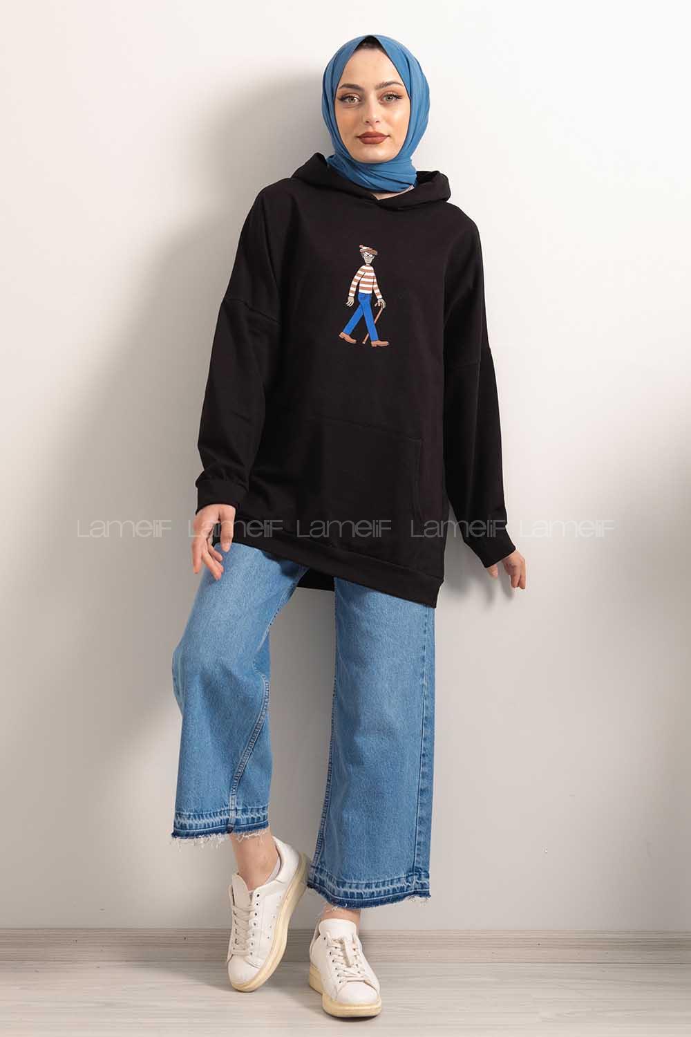 Modalamelif Kapşonlu Karikatür Baskılı Sweatshirt Siyah