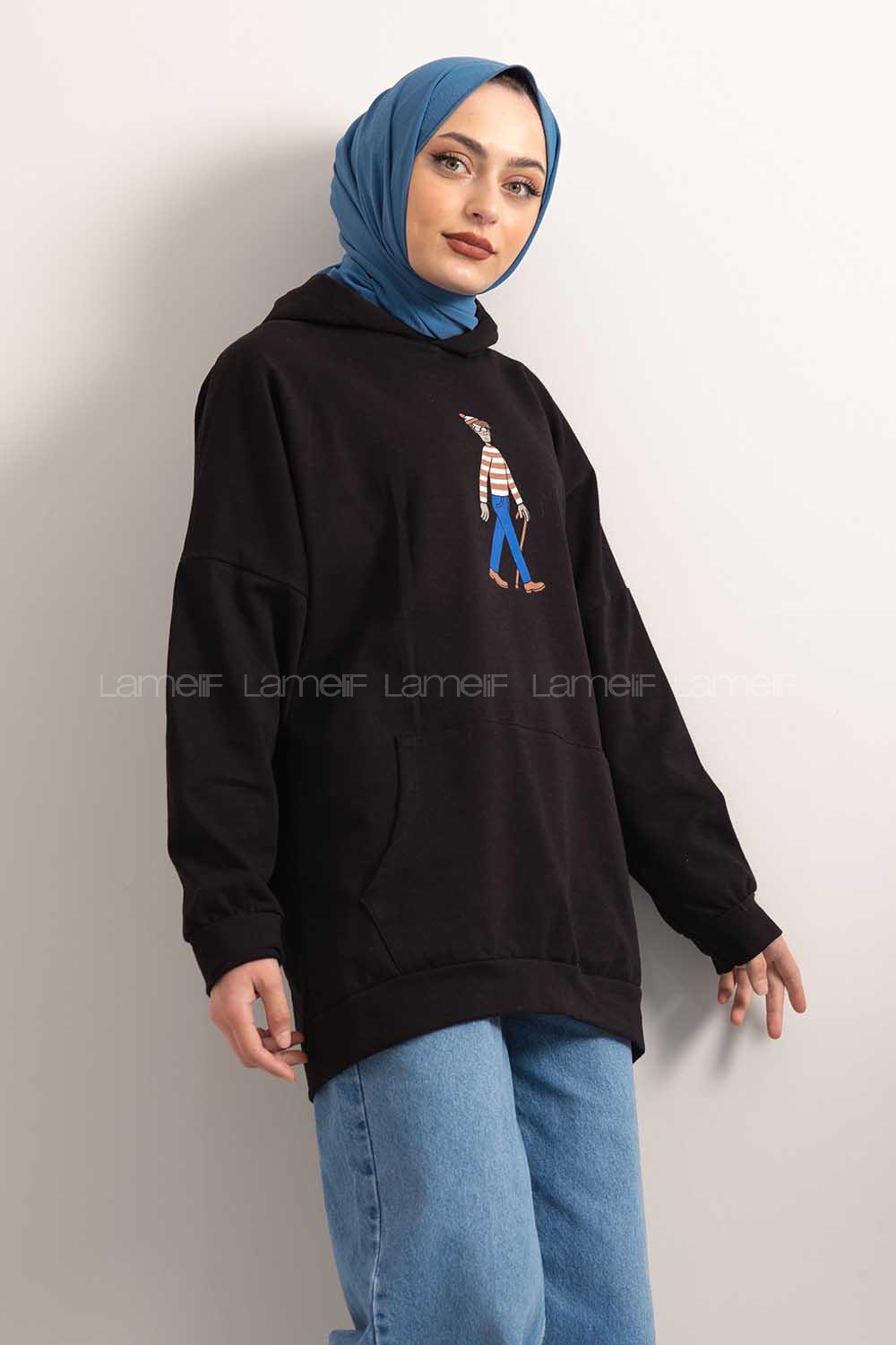 Modalamelif Kapşonlu Karikatür Baskılı Sweatshirt Siyah