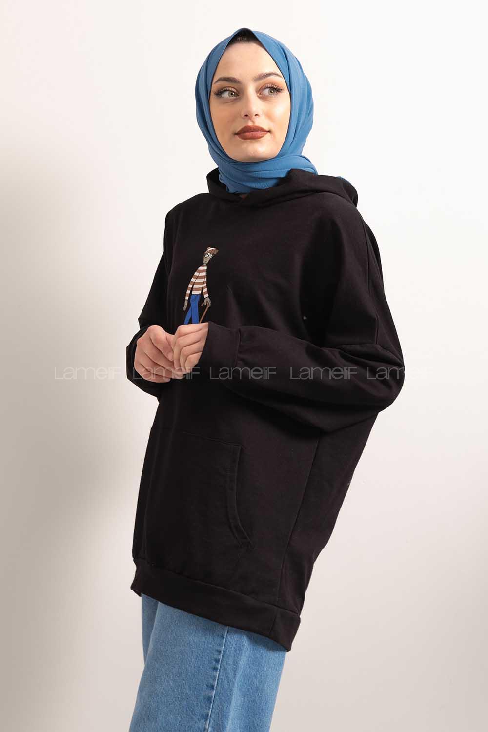 Modalamelif Kapşonlu Karikatür Baskılı Sweatshirt Siyah