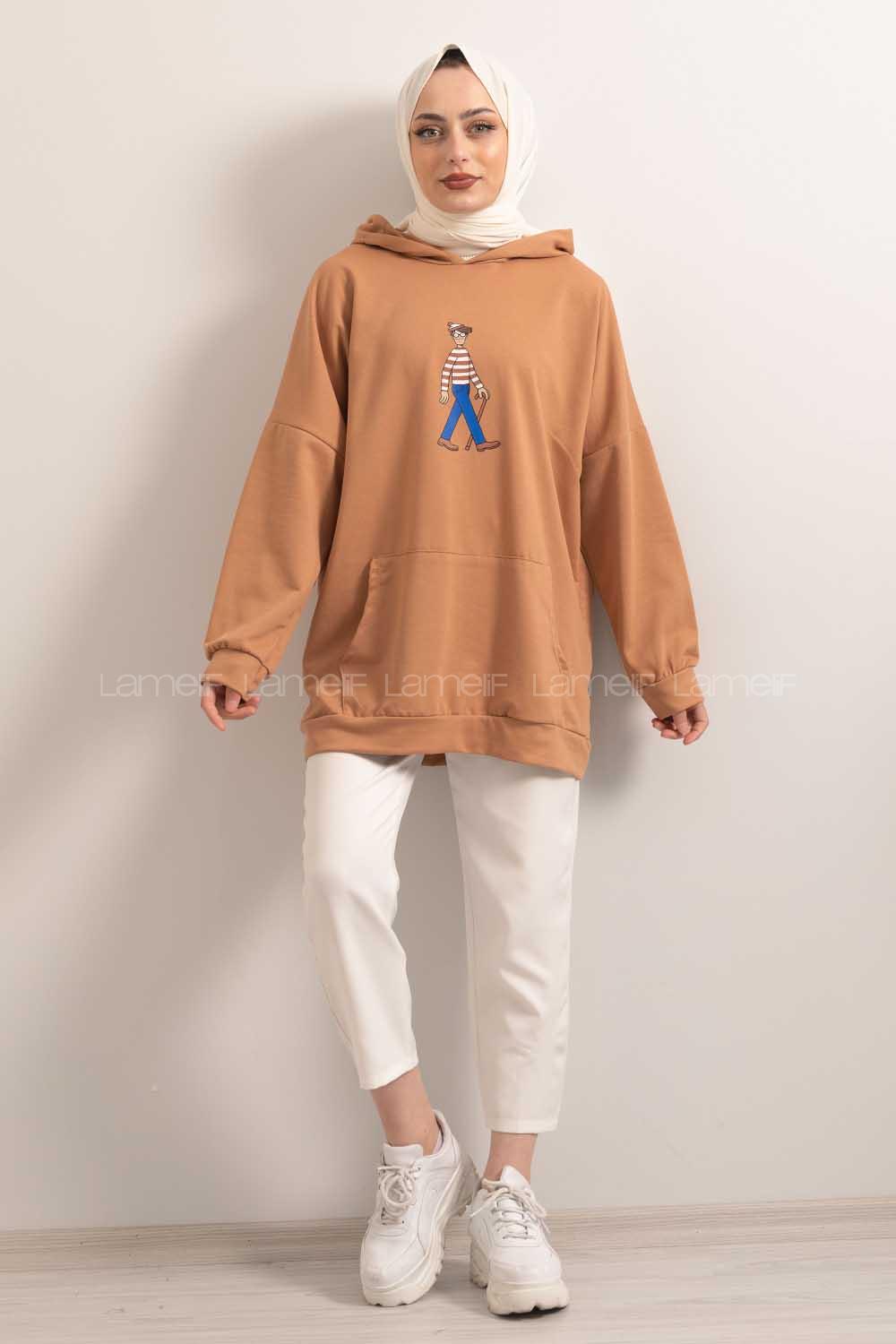 Modalamelif Kapşonlu Karikatür Baskılı Sweatshirt Sütlü Kahve