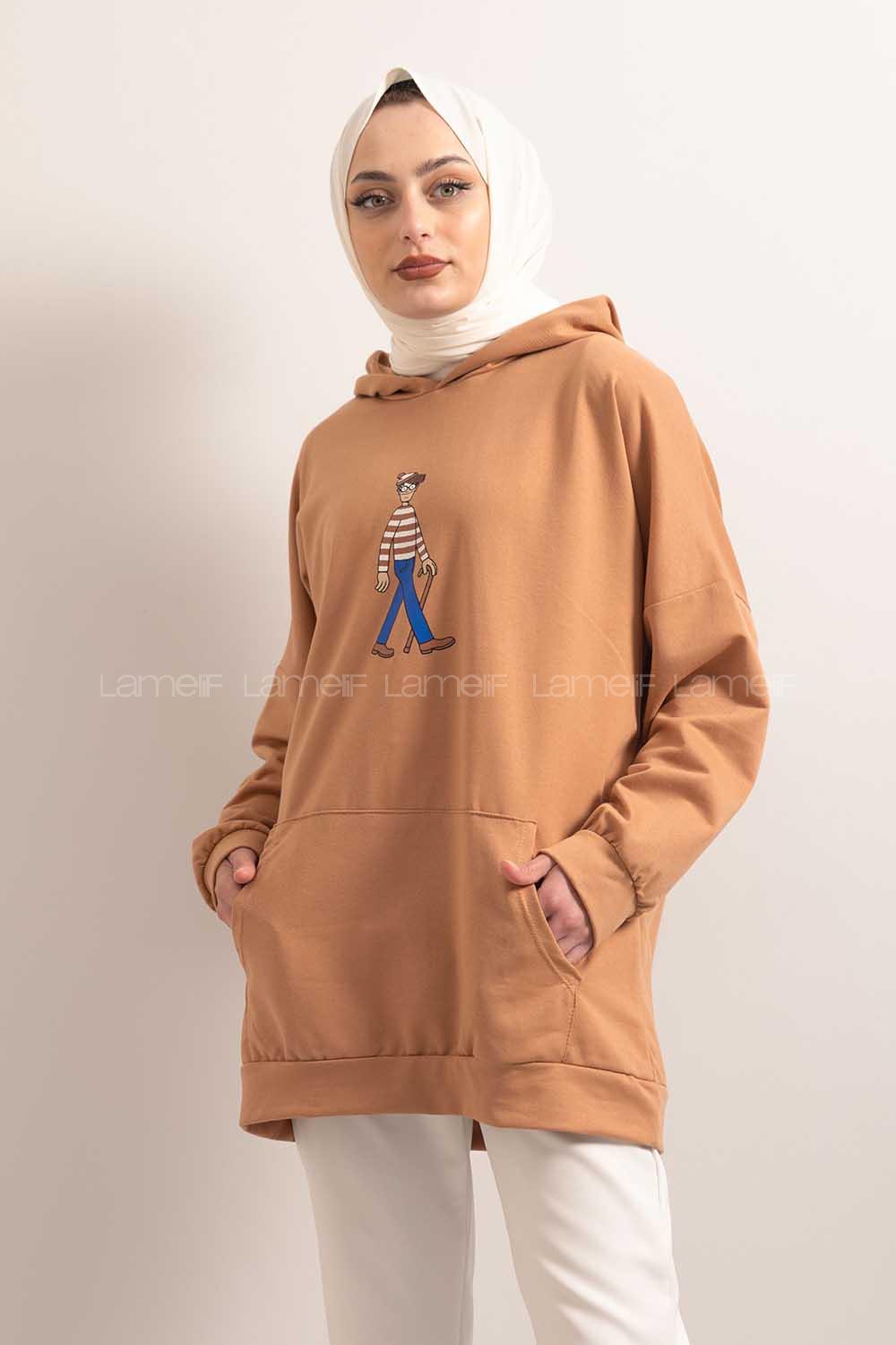 Modalamelif Kapşonlu Karikatür Baskılı Sweatshirt Sütlü Kahve