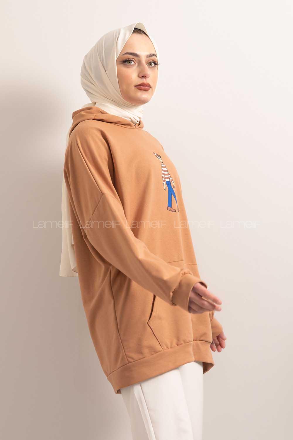 Modalamelif Kapşonlu Karikatür Baskılı Sweatshirt Sütlü Kahve