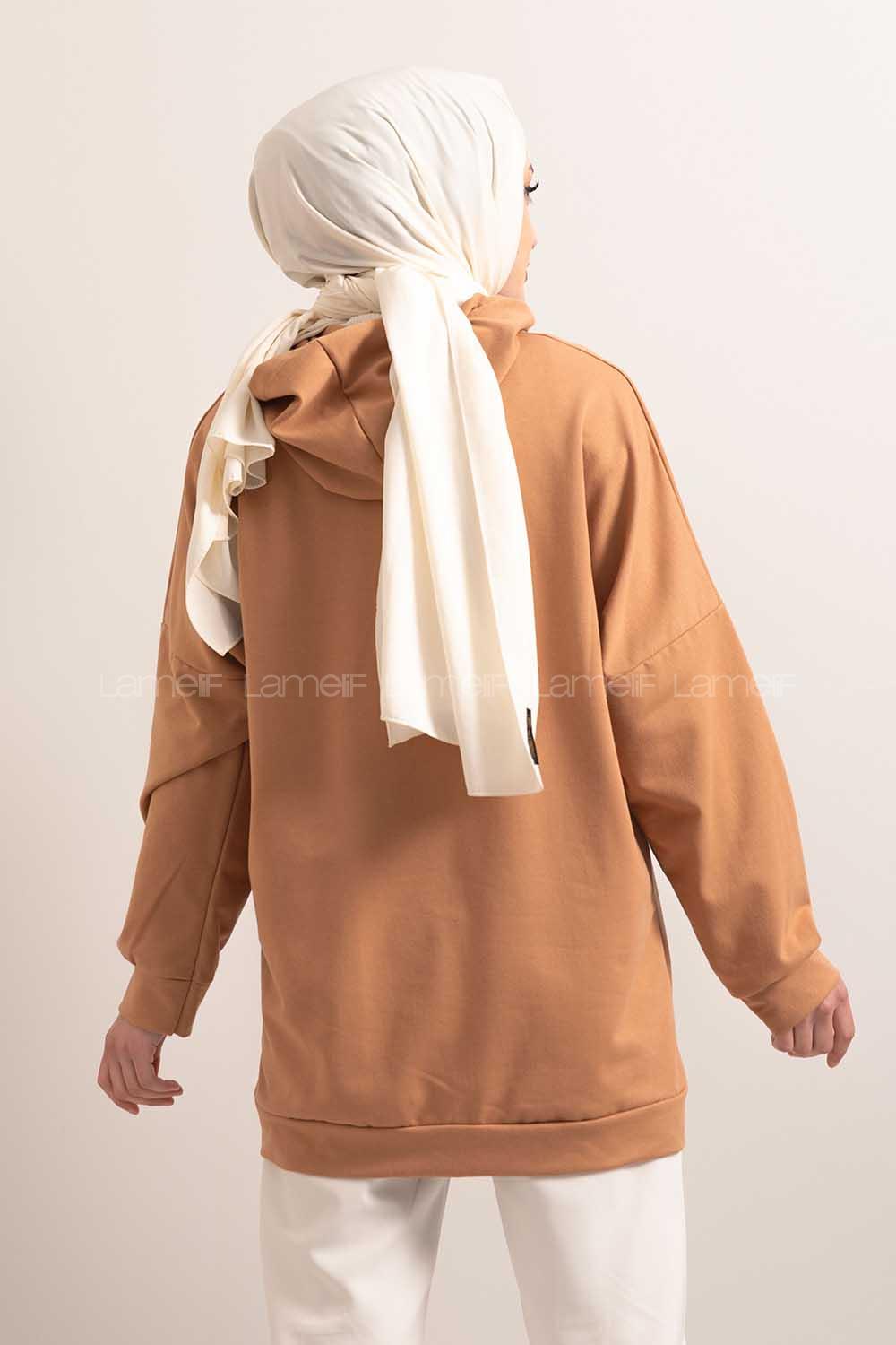 Modalamelif Kapşonlu Karikatür Baskılı Sweatshirt Sütlü Kahve