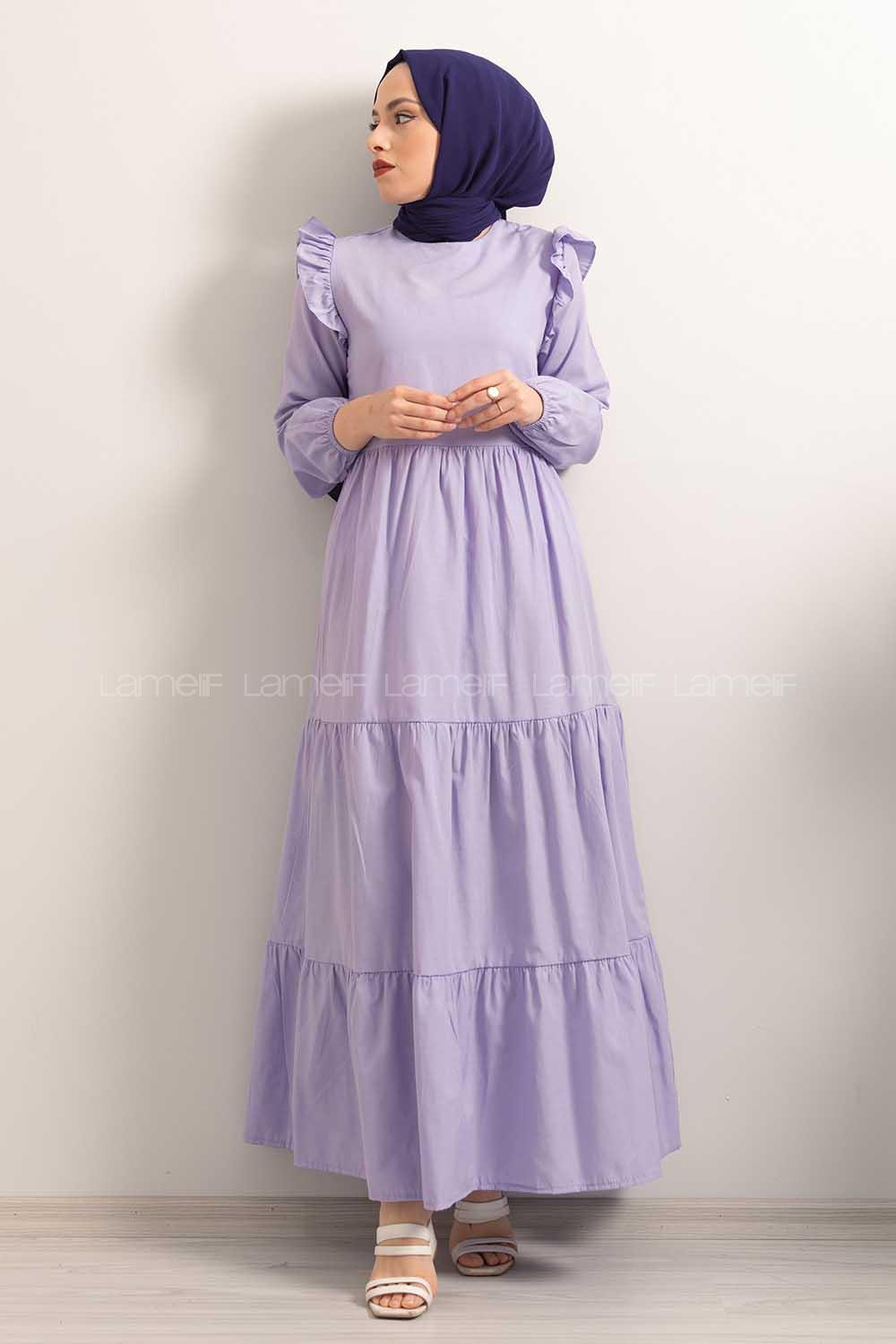 Modalamelif  Kol Lastikli Omuz Fırfırlı Elbise Eflatun