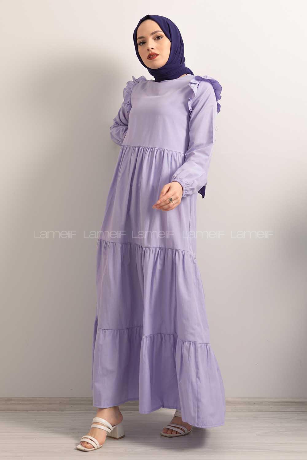 Modalamelif  Kol Lastikli Omuz Fırfırlı Elbise Eflatun