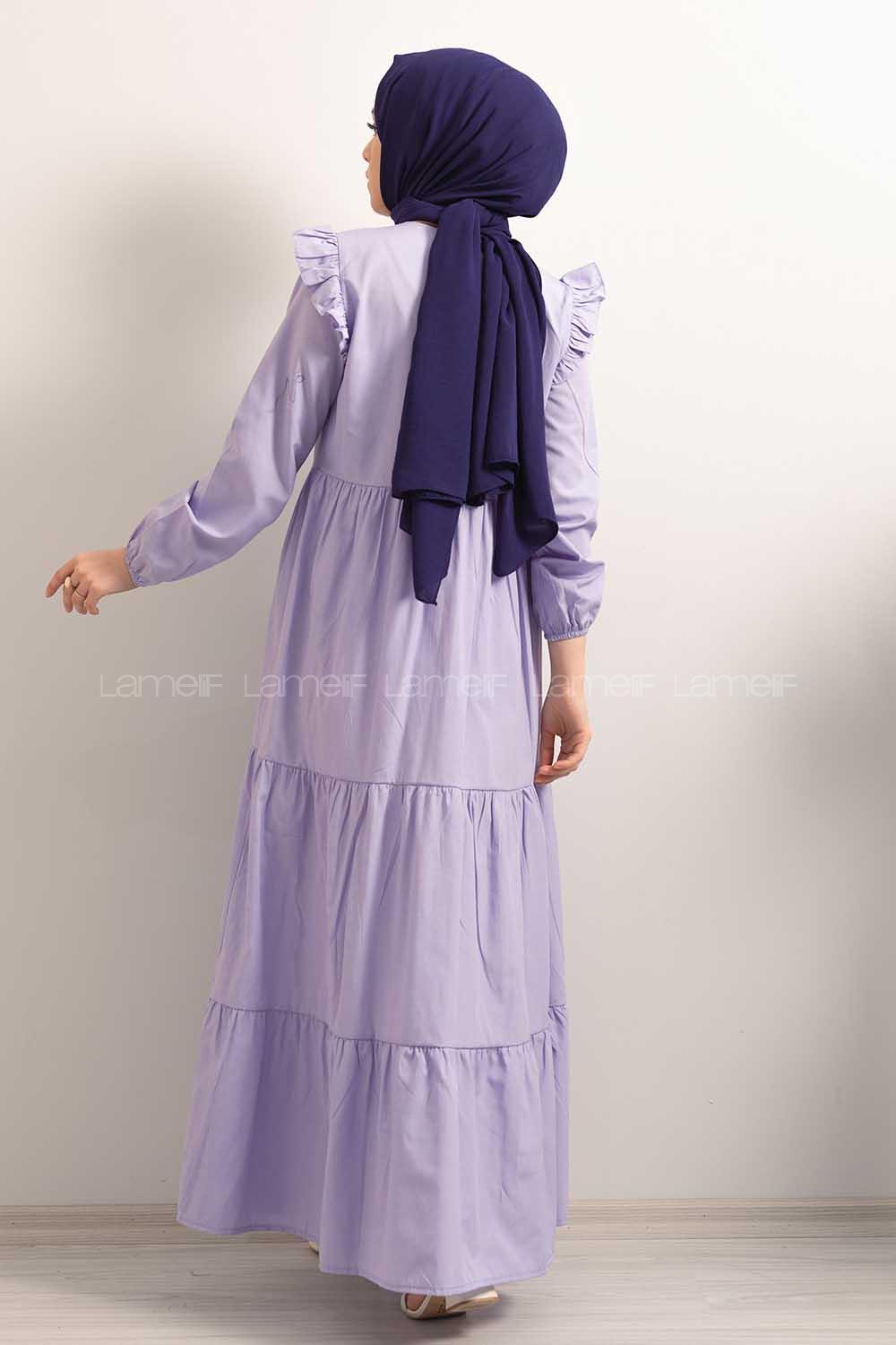 Modalamelif  Kol Lastikli Omuz Fırfırlı Elbise Eflatun