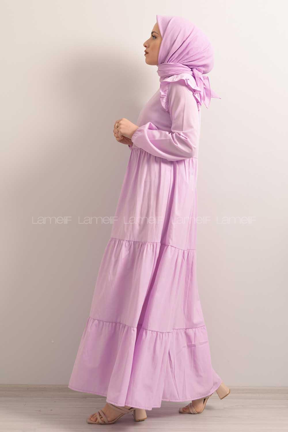 Modalamelif  Kol Lastikli Omuz Fırfırlı Elbise Lila